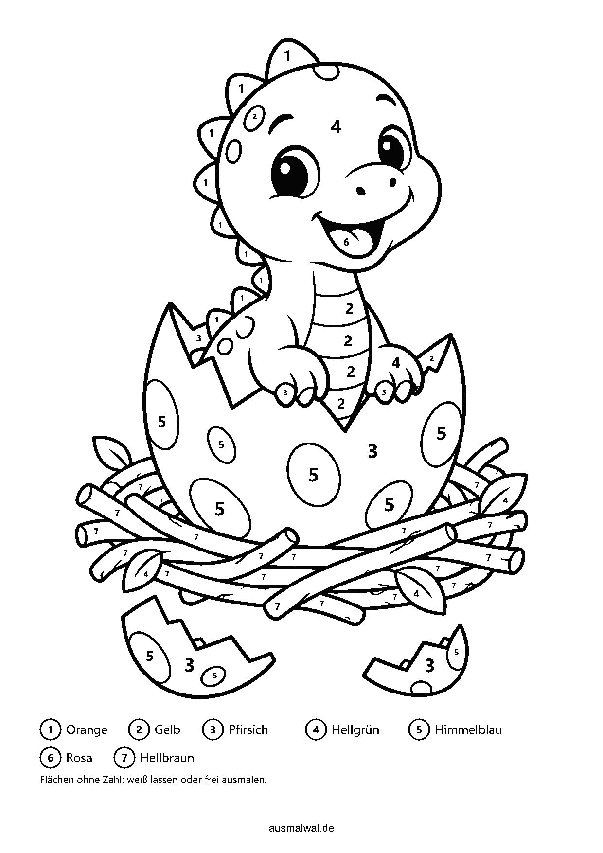 Ausmalbild: Malen nach Zahlen, Dino-Baby schlüpft lachend aus einem Ei im Nest, mit Zahlen in den Flächen und Farbschlüssel