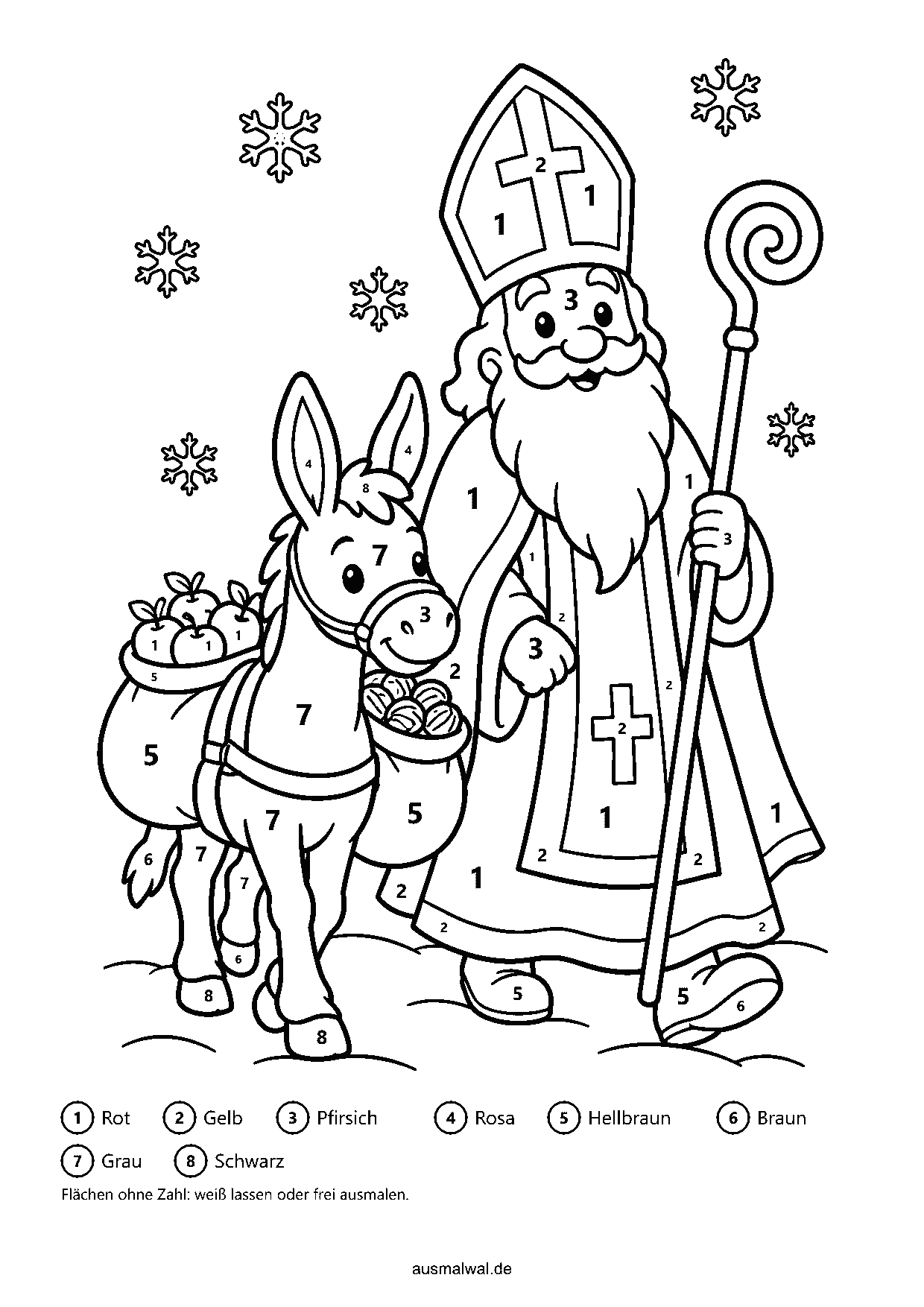 Ausmalbild: Malen nach Zahlen, Nikolaus mit Mitra und Bischofsstab geht neben einem kleinen Esel, der Säcke mit Äpfeln und Nüssen trägt, mit Zahlen in den Flächen und Farbschlüssel