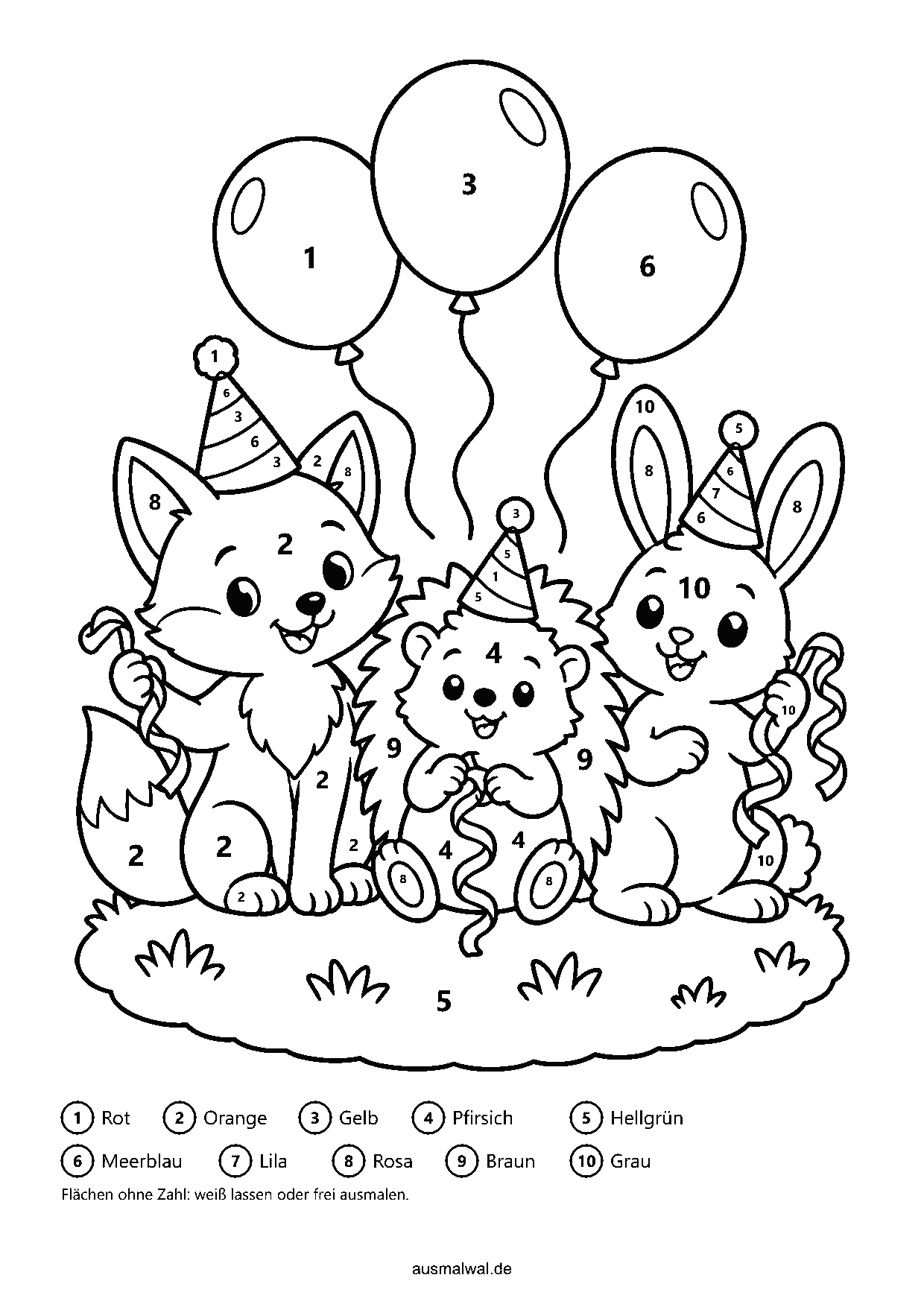 Ausmalbild: Malen nach Zahlen, Fuchs, Igel und Hase mit Partyhüten und Luftballons, mit Zahlen in den Flächen und Farbschlüssel