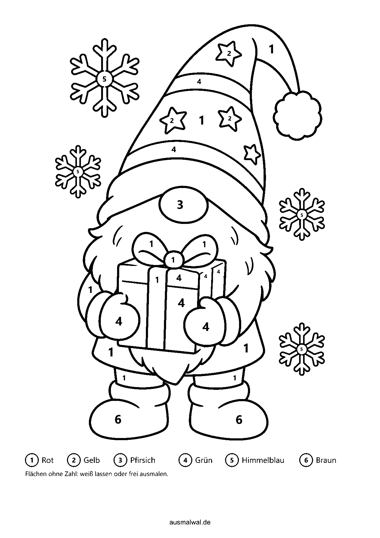 Ausmalbild: Malen nach Zahlen, Weihnachtswichtel mit langer Zipfelmütze und Bart trägt ein Geschenk, mit Zahlen in den Flächen und Farbschlüssel