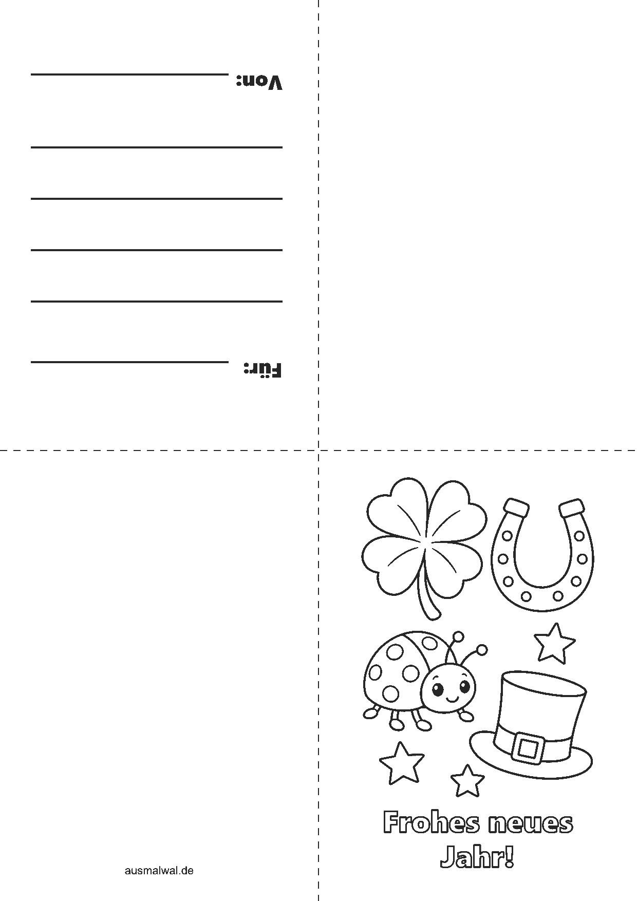 Ausmalbild: Neujahrskarte zum Falten, vorne Kleeblatt, Hufeisen, Marienkäfer und Hut und „Frohes neues Jahr!“, innen Zeilen für den Gruß