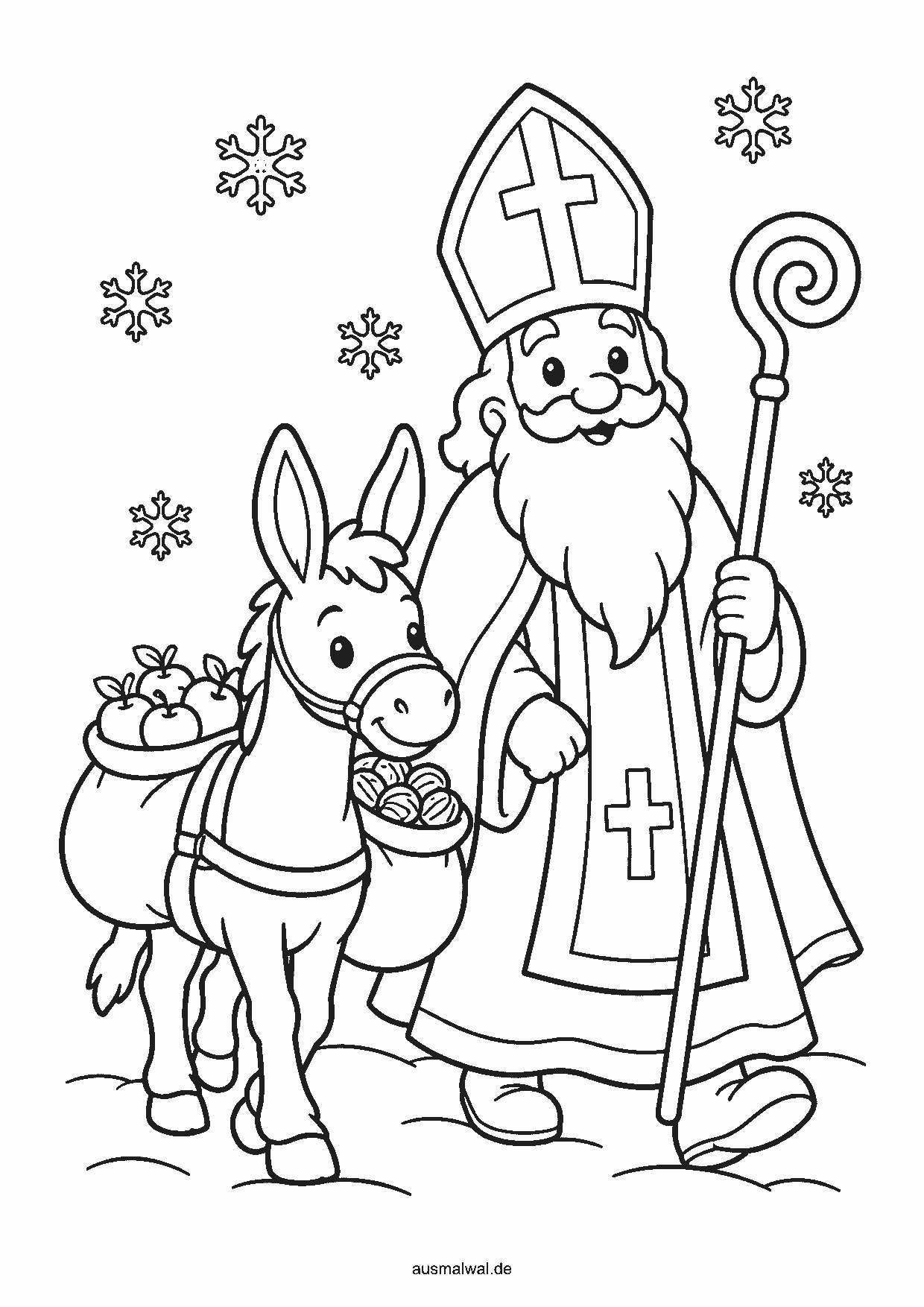 Ausmalbild: Nikolaus mit Mitra und Bischofsstab geht neben einem kleinen Esel, der Säcke mit Äpfeln und Nüssen trägt