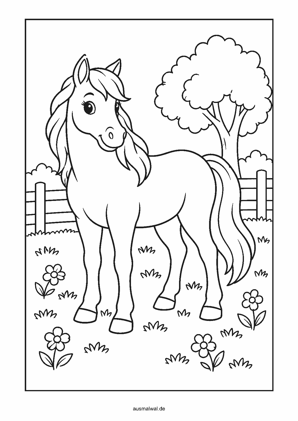 Ausmalbild: Pferd steht auf einer Blumenwiese vor einem Zaun und einem Baum