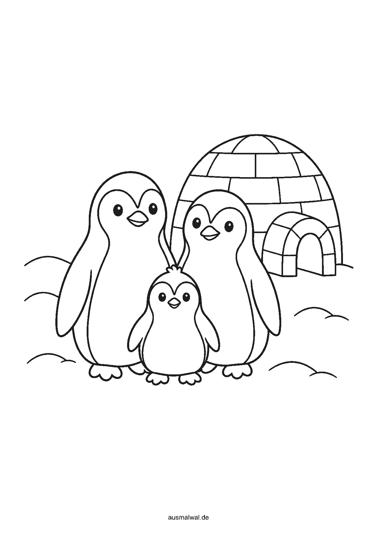 Ausmalbild: drei Pinguine stehen im Schnee vor einem Iglu