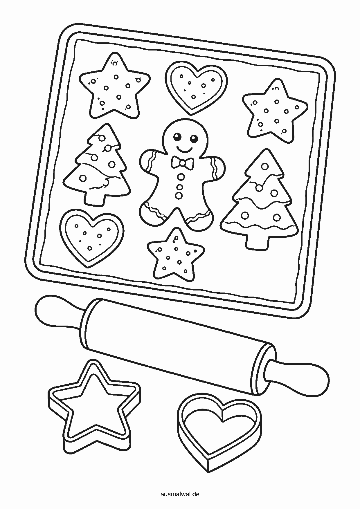 Ausmalbild: Weihnachtsplätzchen als Sterne, Herzen und Tannenbäume auf einem Blech, dazu Nudelholz und Ausstecher