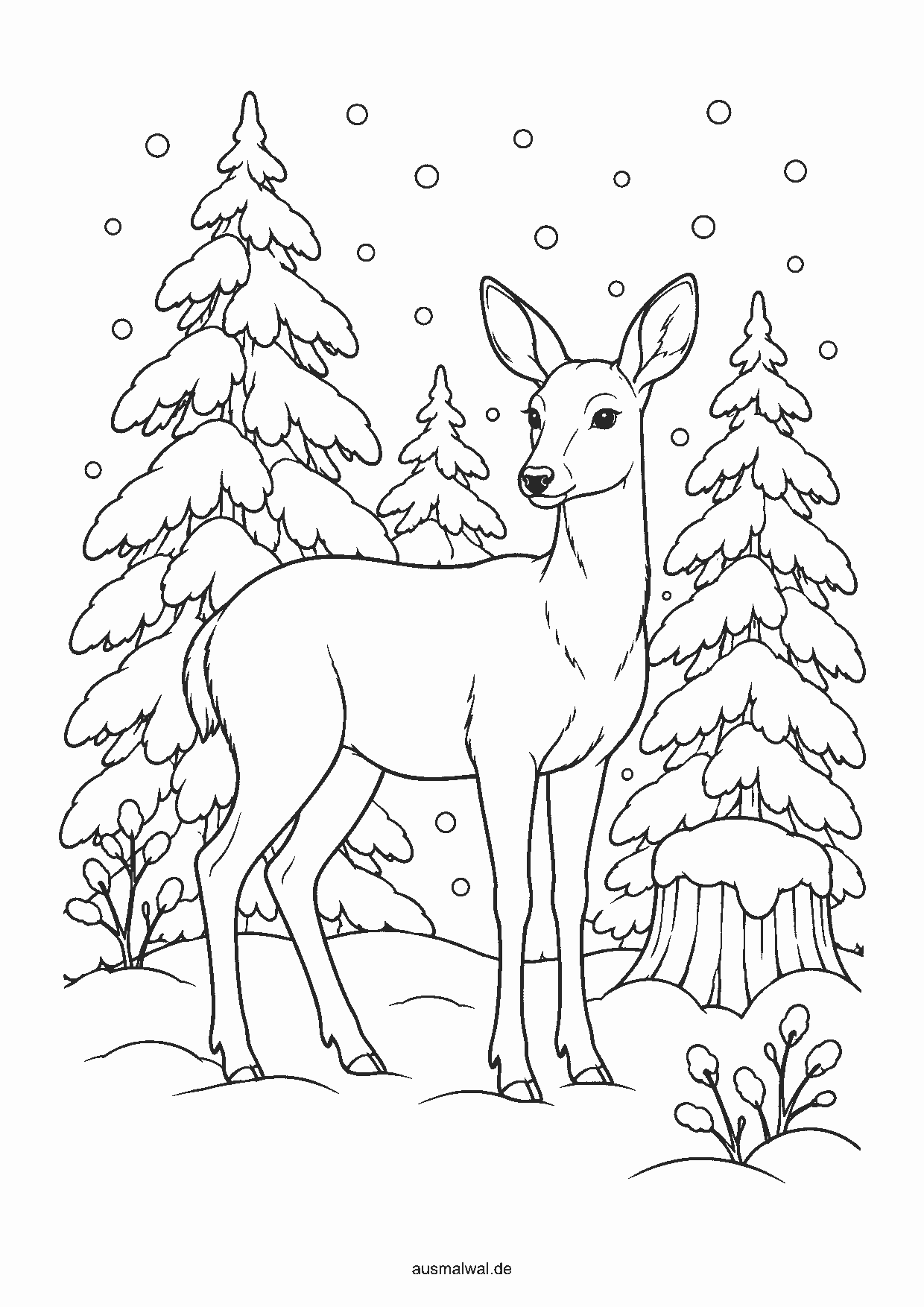 Ausmalbild: Reh steht im verschneiten Winterwald zwischen Tannen und einem Baumstumpf, Schneeflocken fallen