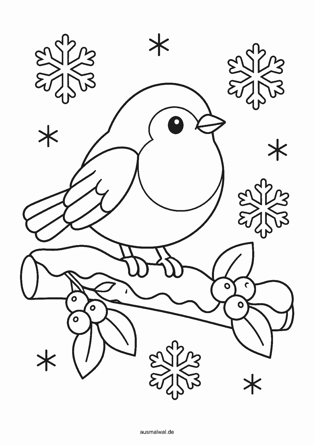 Ausmalbild: rundes Rotkehlchen sitzt auf einem verschneiten Zweig mit Beeren, Schneeflocken fallen