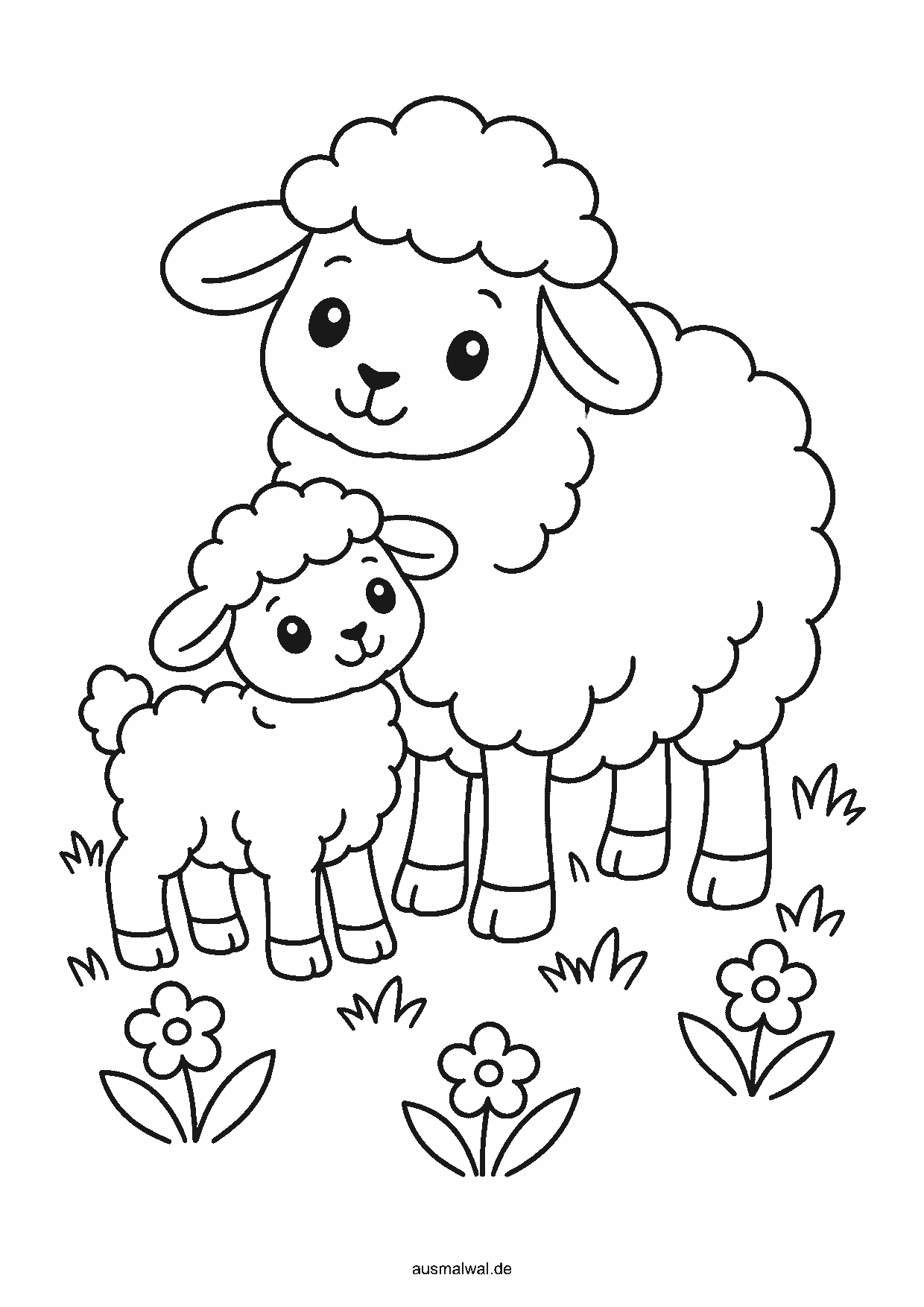Ausmalbild: wolliges Schaf mit einem Lamm auf der Wiese