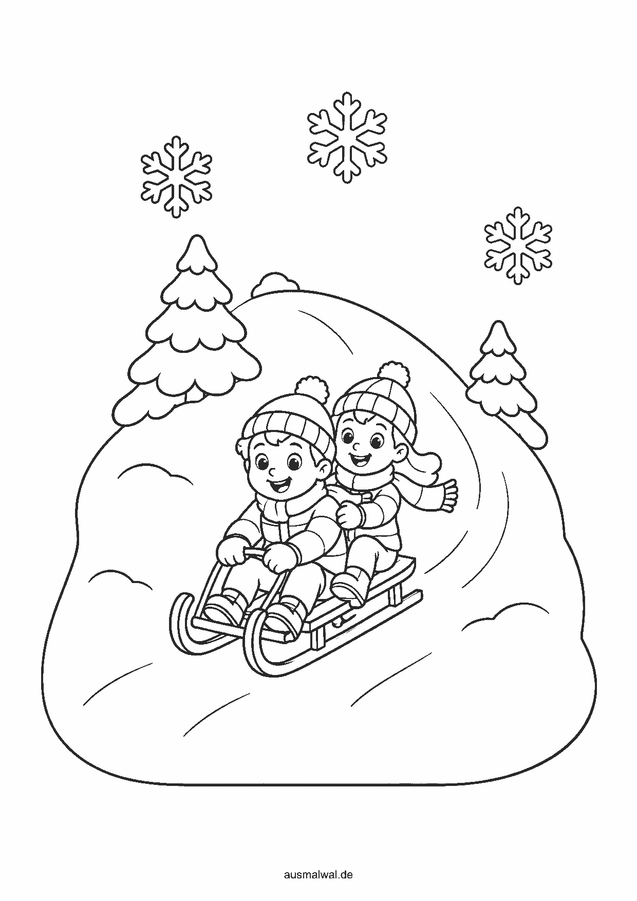 Ausmalbild: zwei Kinder mit Mütze und Schal sausen auf einem Holzschlitten einen verschneiten Hügel hinunter
