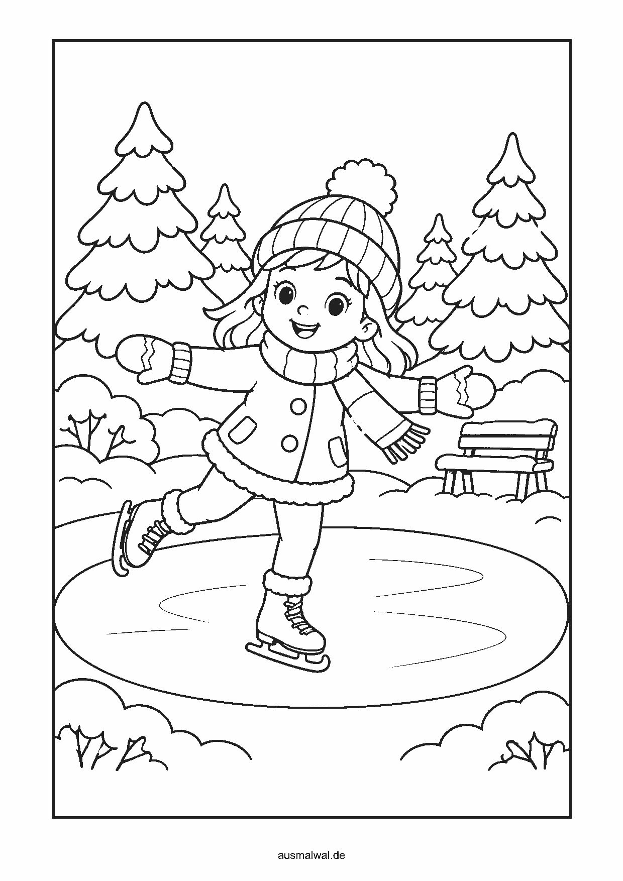 Ausmalbild: Kind mit Mütze, Schal und Fäustlingen läuft Schlittschuh auf einem zugefrorenen See, dahinter verschneite Tannen