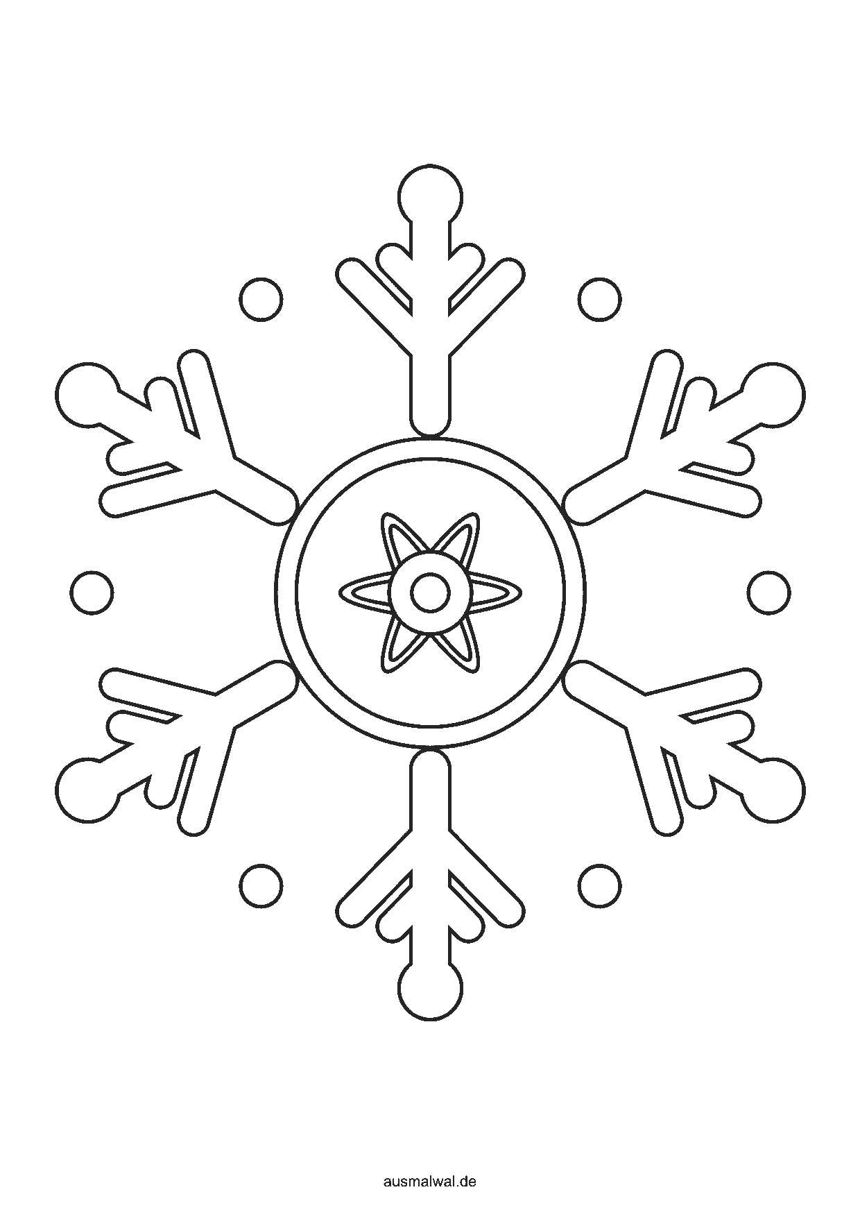 Ausmalbild: Schneeflocke als Mandala mit sechs Armen und Zweigen, in der Mitte ein rundes, symmetrisches Muster