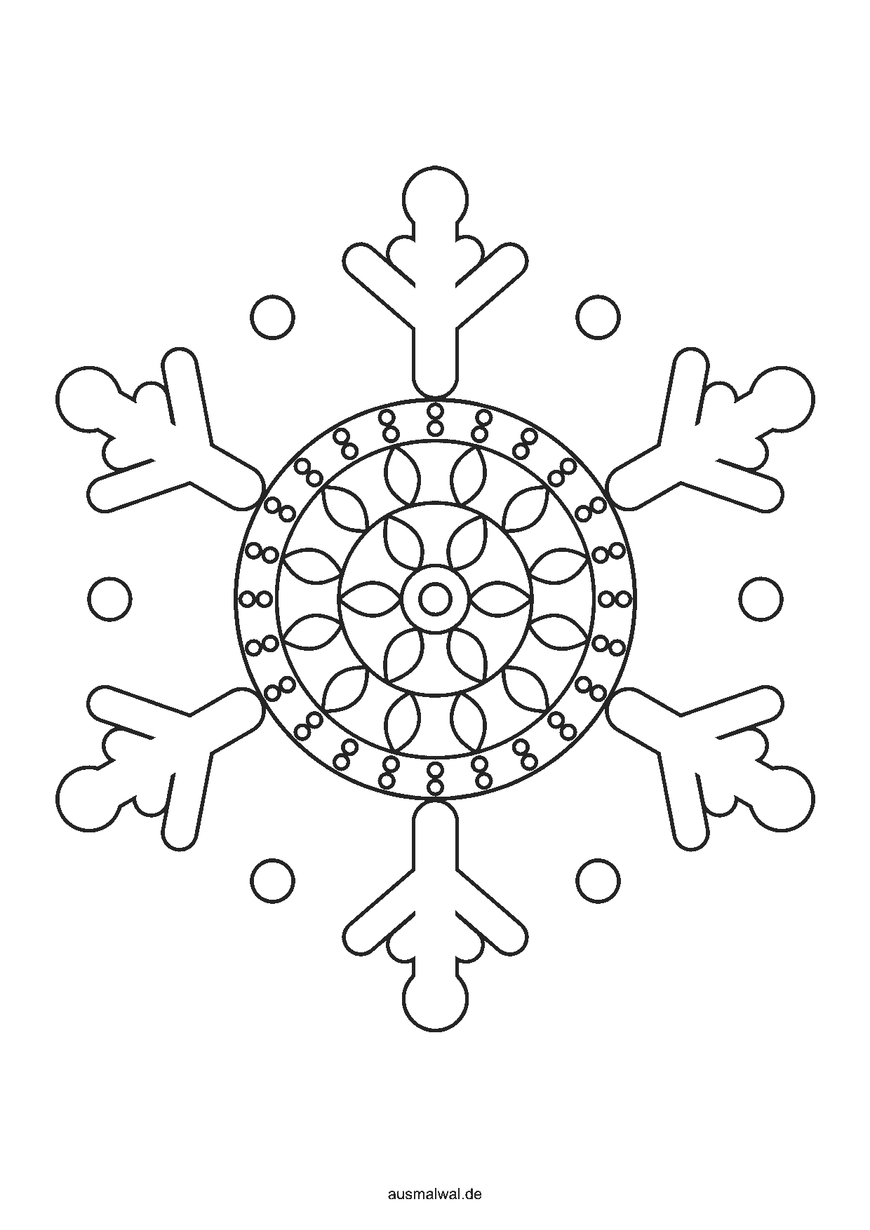 Ausmalbild: Schneeflocke als Mandala mit sechs Armen und Zweigen, in der Mitte ein rundes, symmetrisches Muster