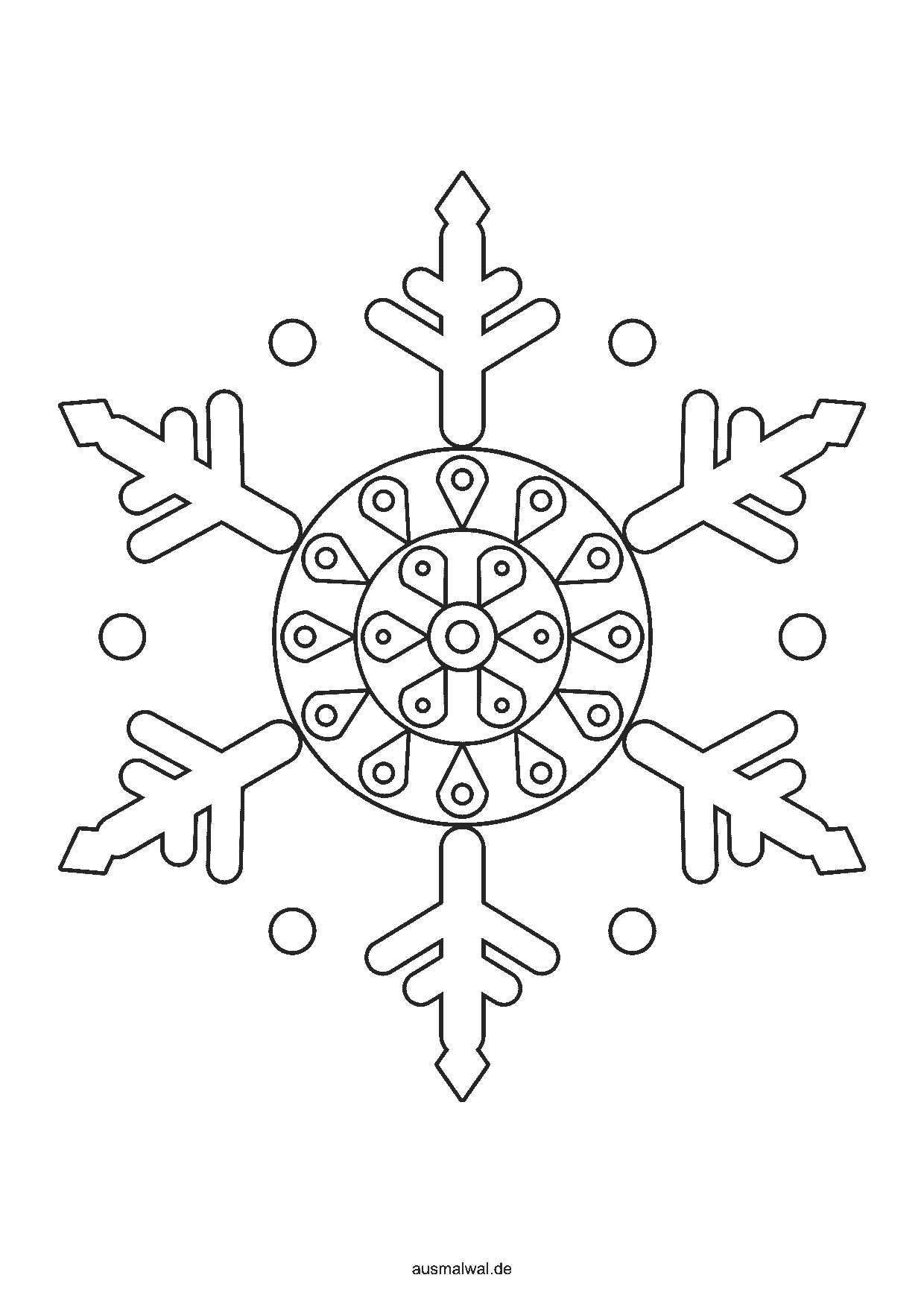 Ausmalbild: Schneeflocke als Mandala mit sechs Armen und Zweigen, in der Mitte ein rundes, symmetrisches Muster