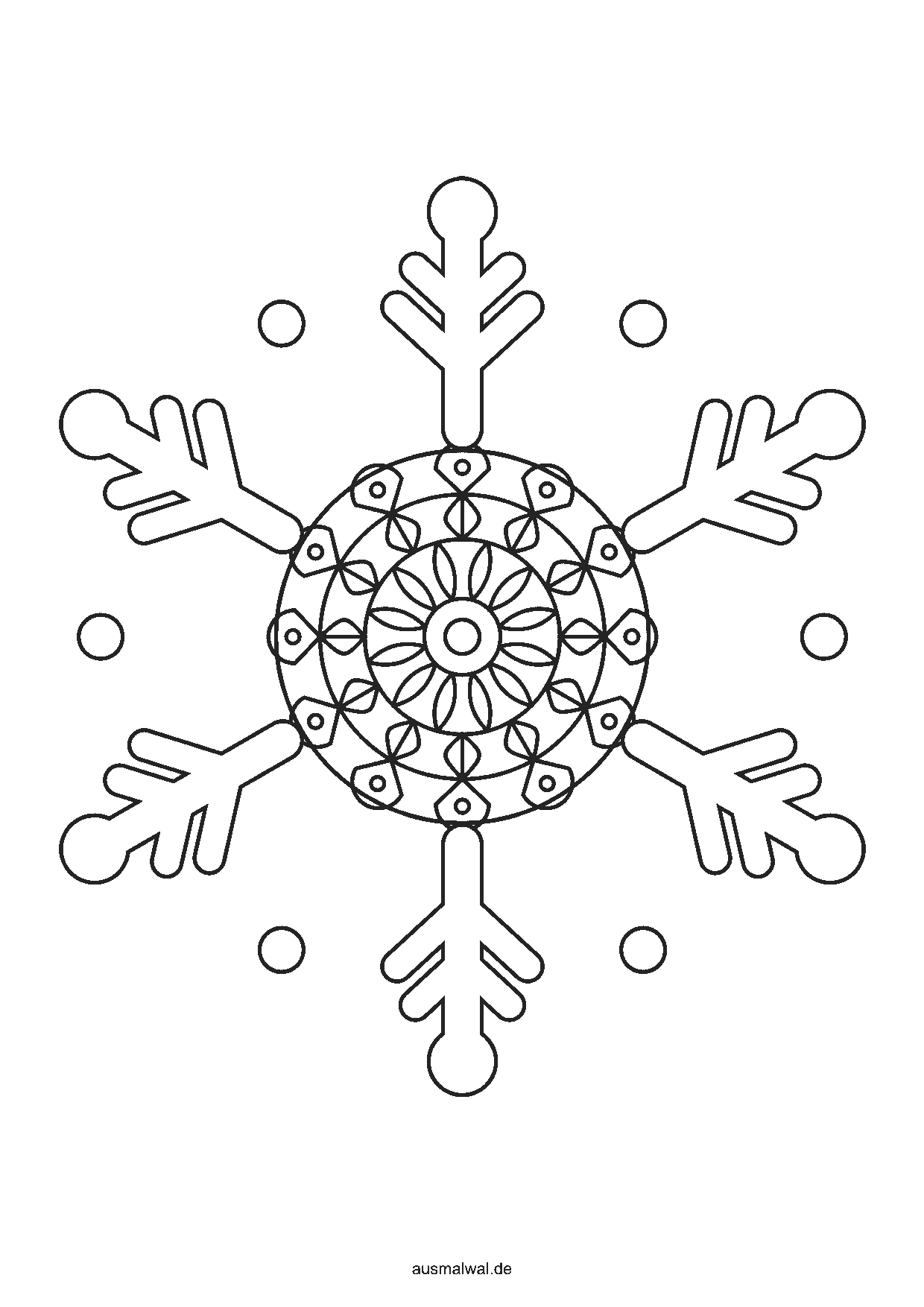 Ausmalbild: Schneeflocke als Mandala mit sechs Armen und Zweigen, in der Mitte ein rundes, symmetrisches Muster