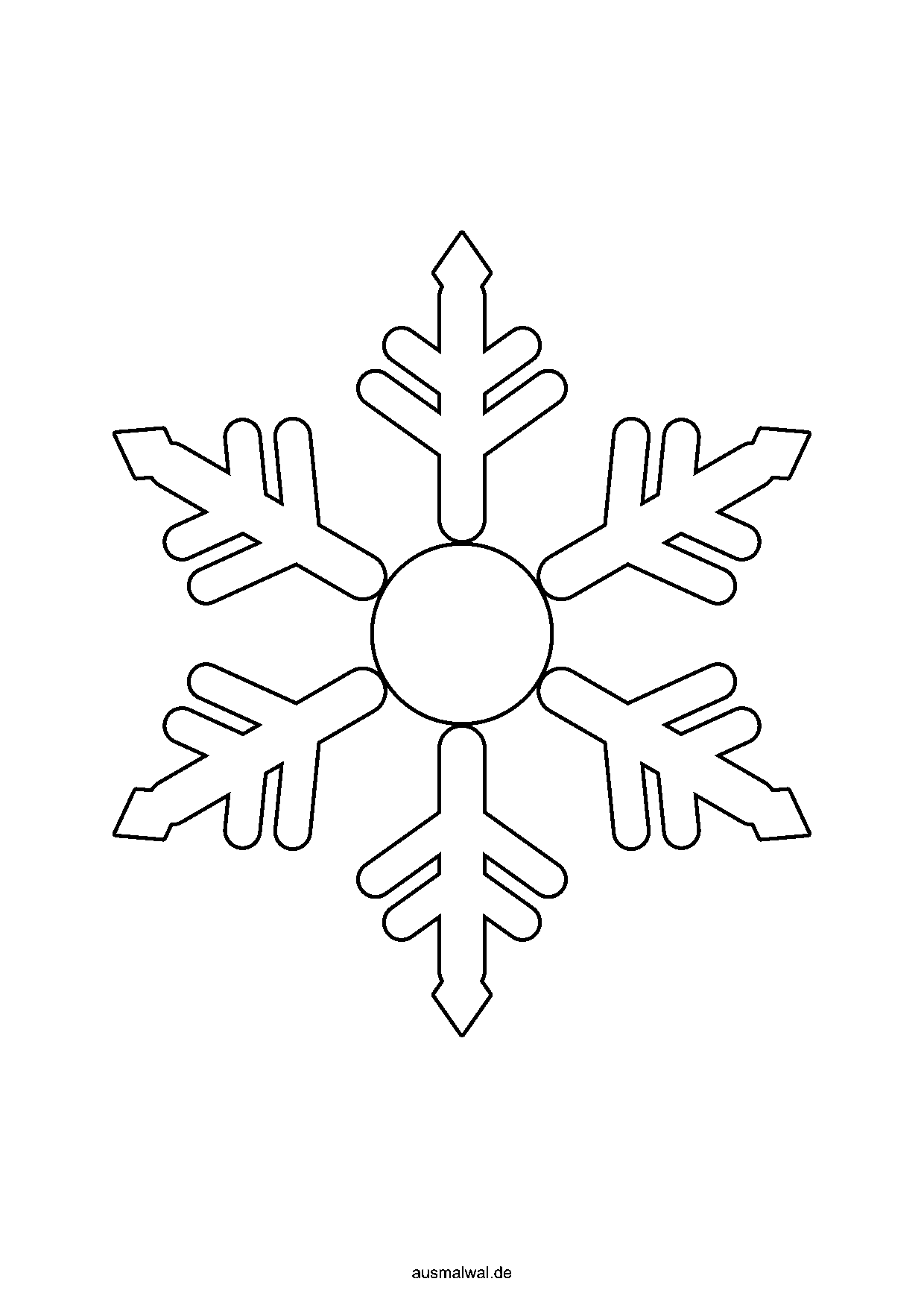 Ausmalbild: große Schneeflocke mit sechs Armen, Zweigen und spitzen Enden als Vorlage zum Ausschneiden