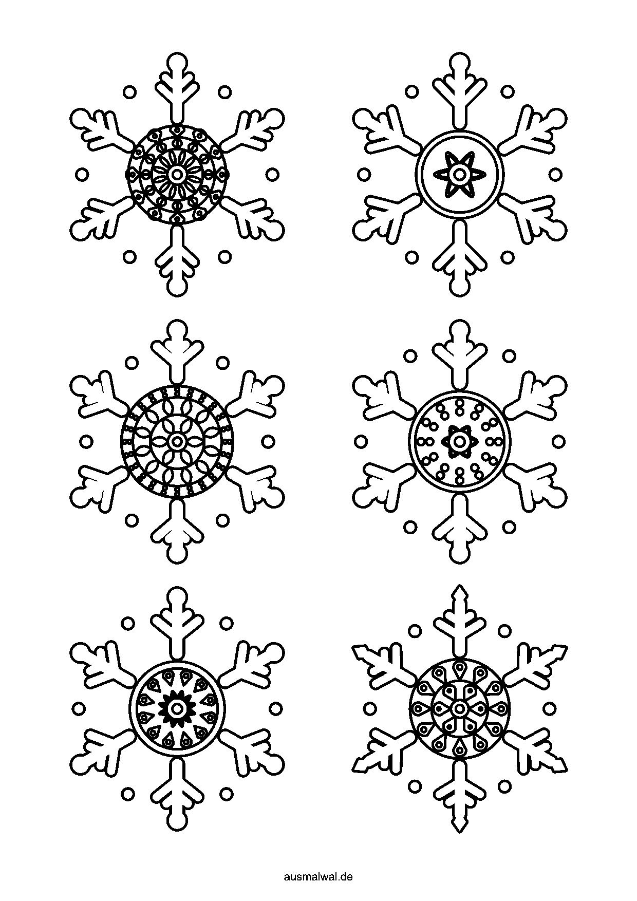 Ausmalbild: sechs Schneeflocken mit Mandala-Muster in der Mitte als Vorlage zum Ausmalen und Ausschneiden
