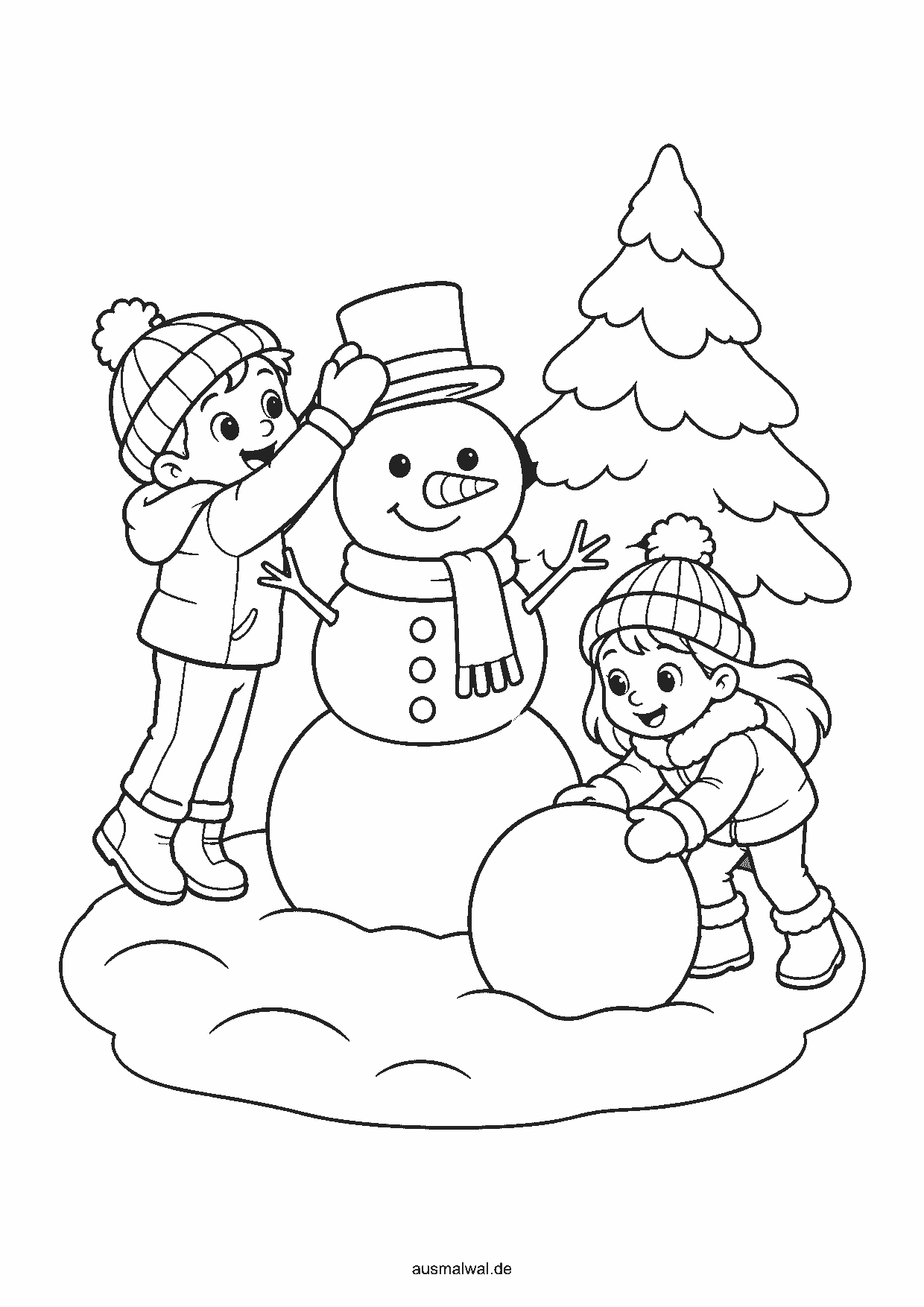 Ausmalbild: zwei Kinder bauen einen Schneemann neben einer Tanne, eines setzt ihm den Zylinder auf, das andere rollt eine große Schneekugel