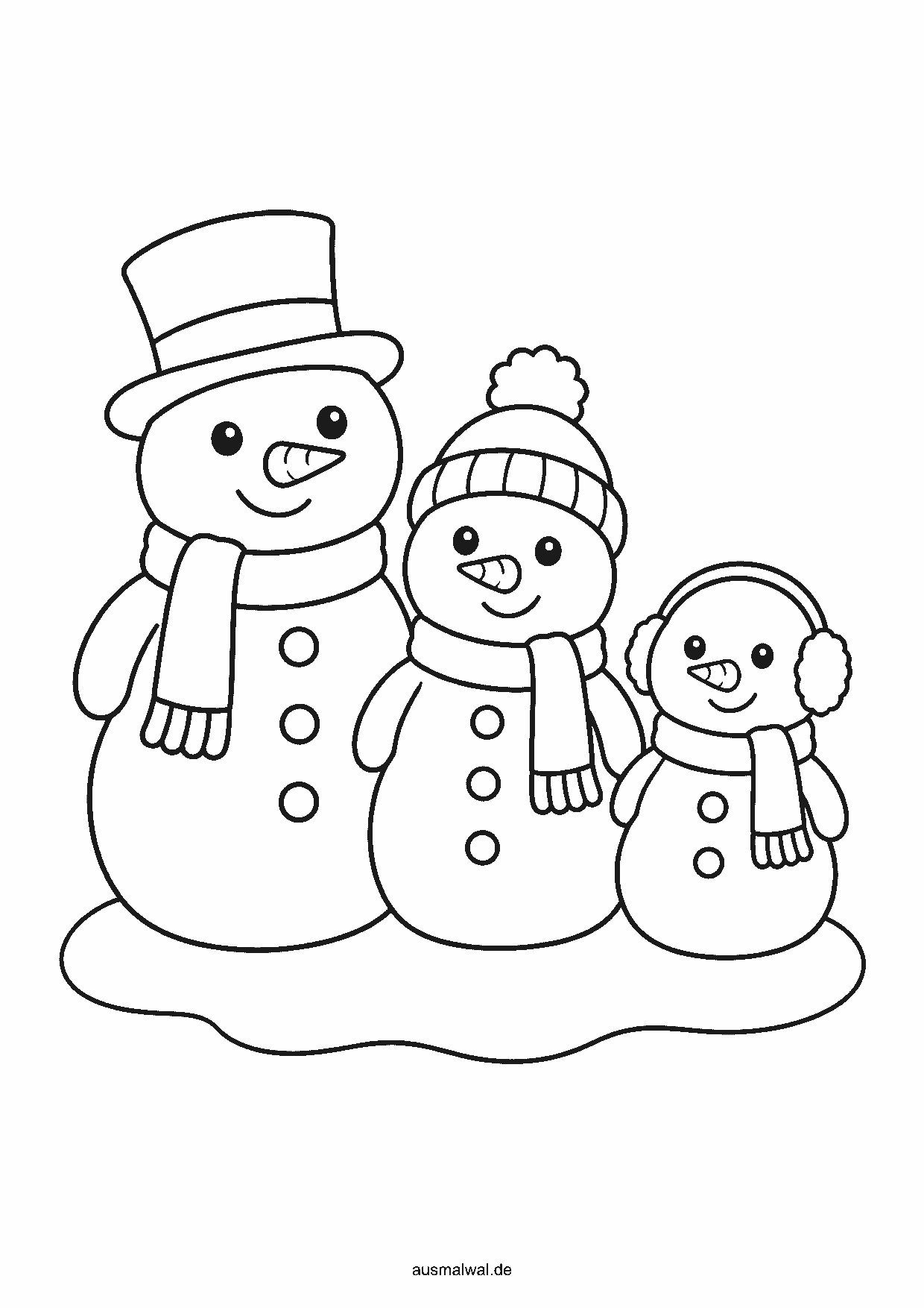 Ausmalbild: drei Schneemänner in Groß, Mittel und Klein mit Hut, Bommelmütze, Ohrenschützern und Schals im Schnee