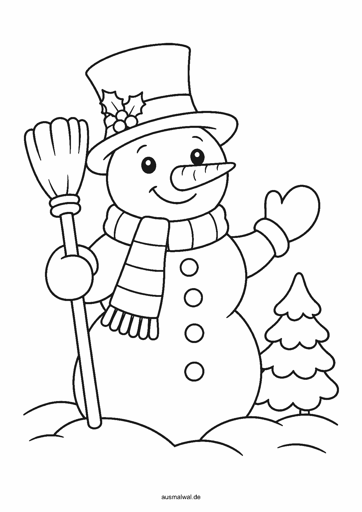 Ausmalbild: fröhlicher Schneemann mit Karottennase, Hut, Schal und Besen im Schnee