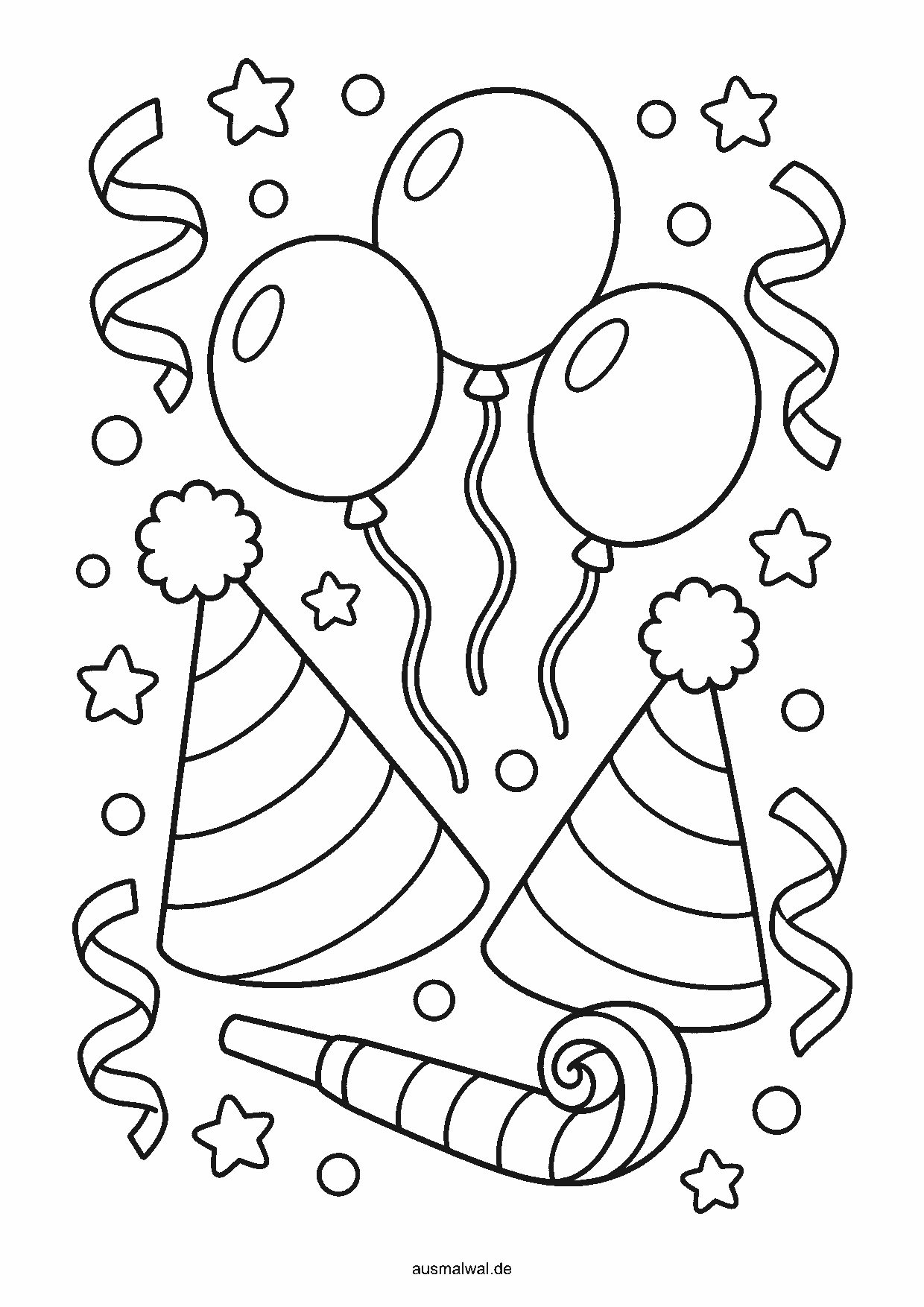 Ausmalbild: zwei gestreifte Partyhüte, Luftschlangen, drei Luftballons, eine Tröte und Konfetti zu Silvester