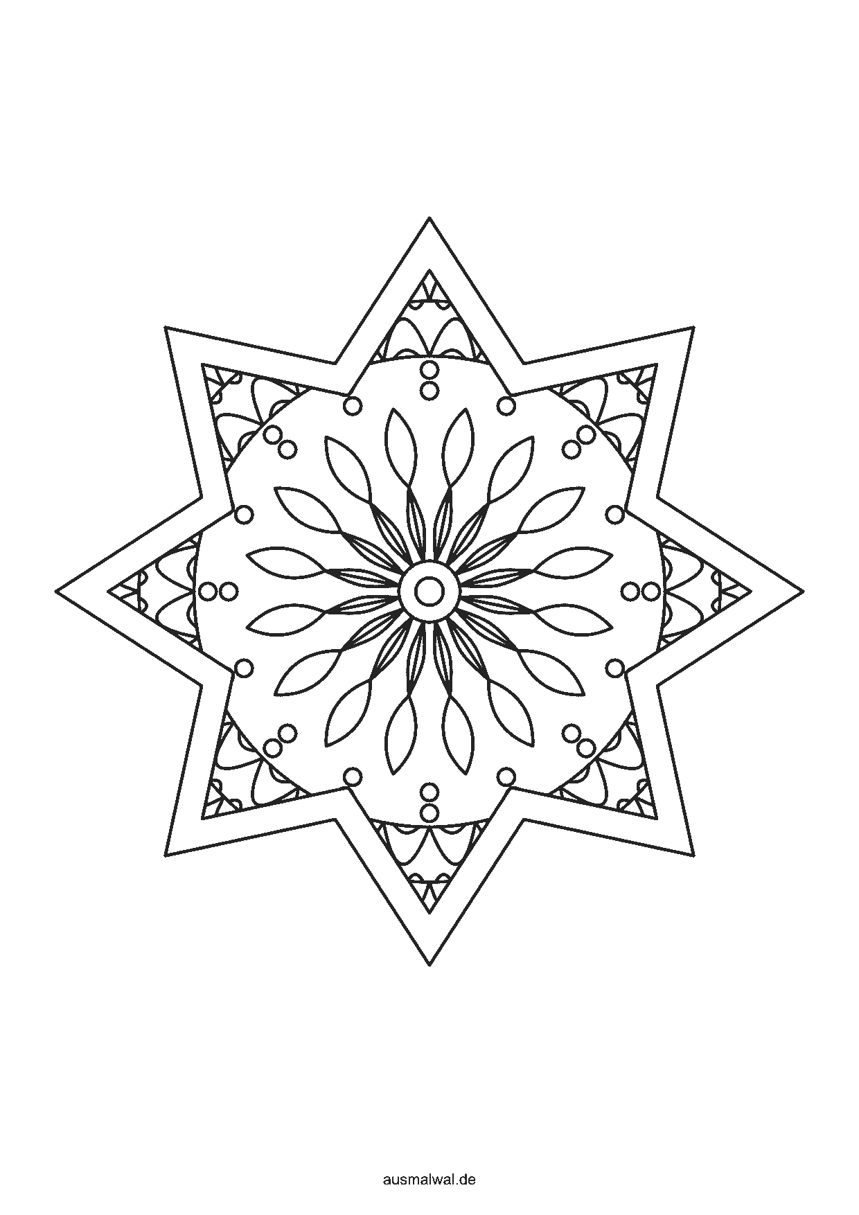 Ausmalbild: Stern mit acht Zacken als Mandala, innen ein symmetrisches Muster aus Blättern, Tropfen und Kreisen, außen ein freier Rand
