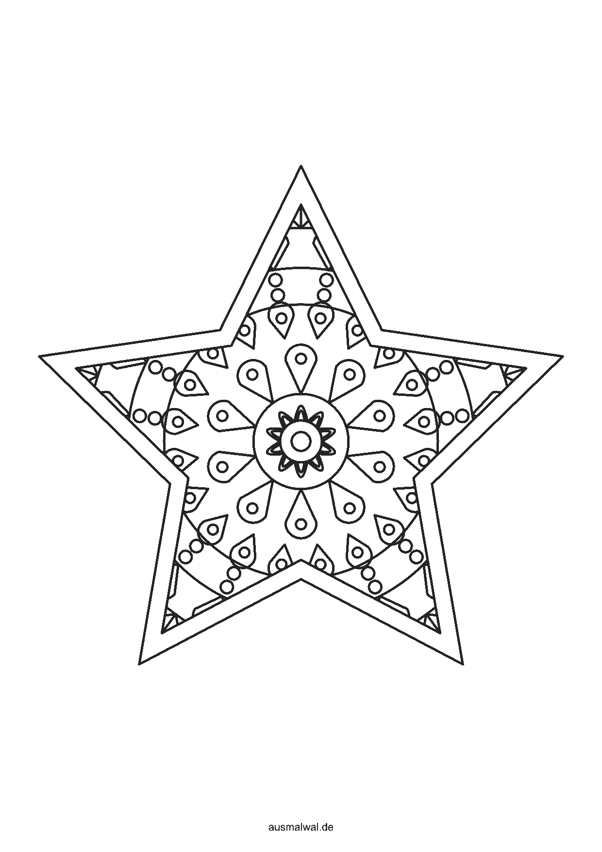 Ausmalbild: Stern mit fünf Zacken als Mandala, innen ein symmetrisches Muster aus Blättern, Tropfen und Kreisen, außen ein freier Rand
