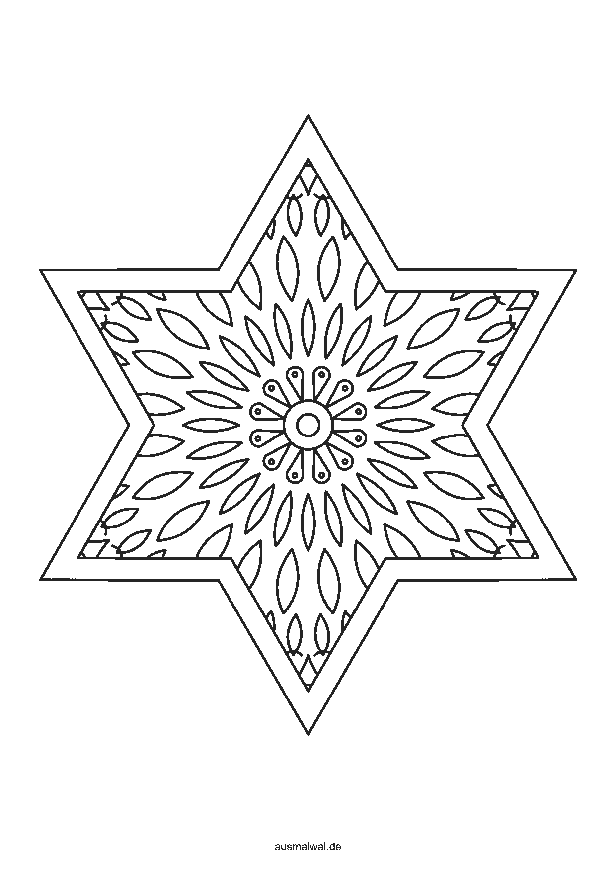 Ausmalbild: Stern mit sechs Zacken als Mandala, innen ein symmetrisches Muster aus Blättern, Tropfen und Kreisen, außen ein freier Rand