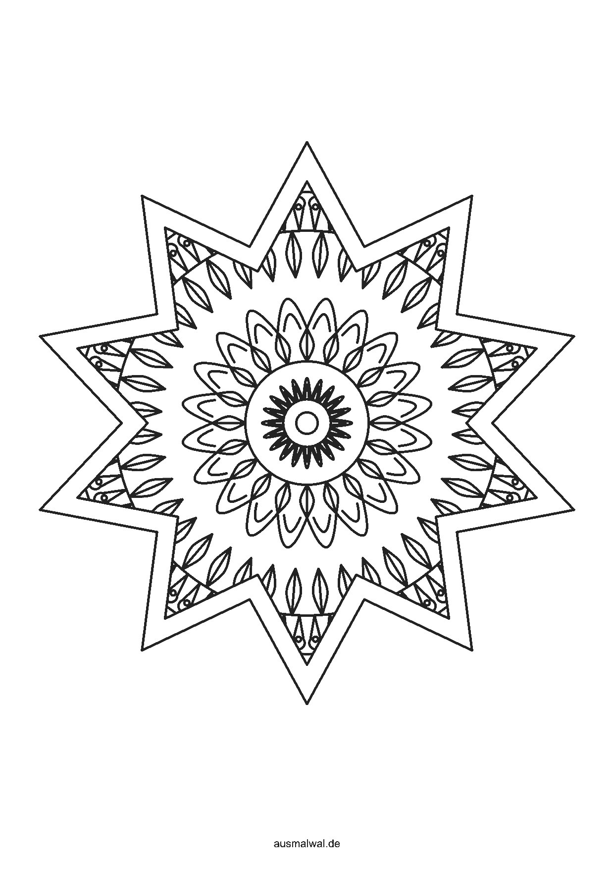 Ausmalbild: Stern mit zehn Zacken als Mandala, innen ein symmetrisches Muster aus Blättern, Tropfen und Kreisen, außen ein freier Rand