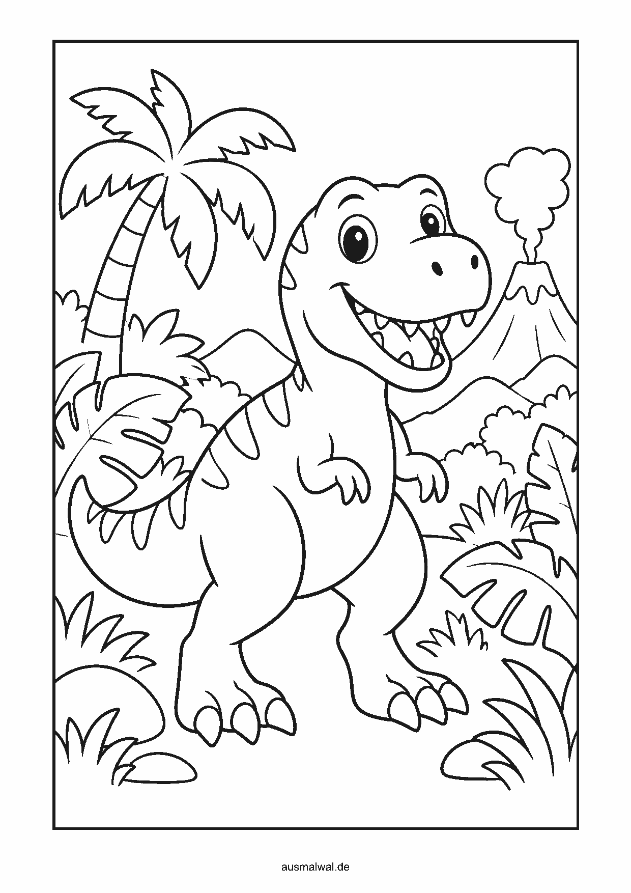 Ausmalbild: lachender T-Rex im Dschungel mit großen Blättern und einem Vulkan