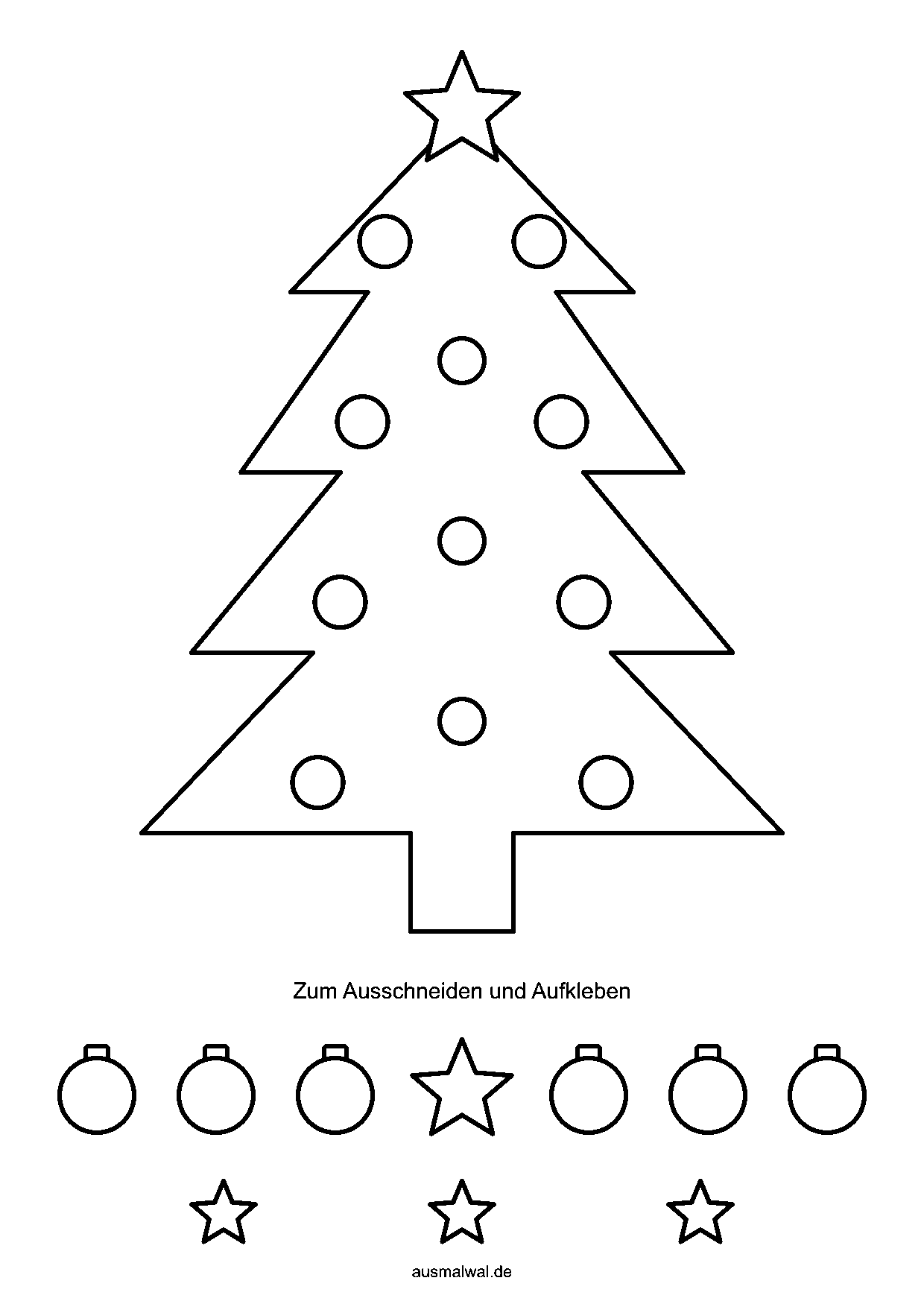 Ausmalbild: Tannenbaum mit Kugeln und Stern, darunter Kugeln und Sterne zum Ausschneiden und Aufkleben