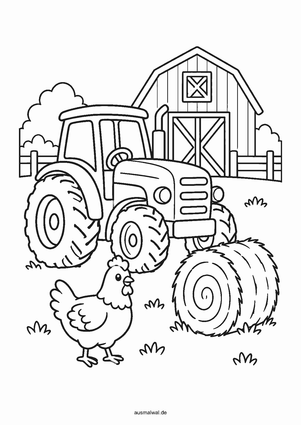 Ausmalbild: Traktor vor einer Scheune, davor ein Huhn und ein Heuballen