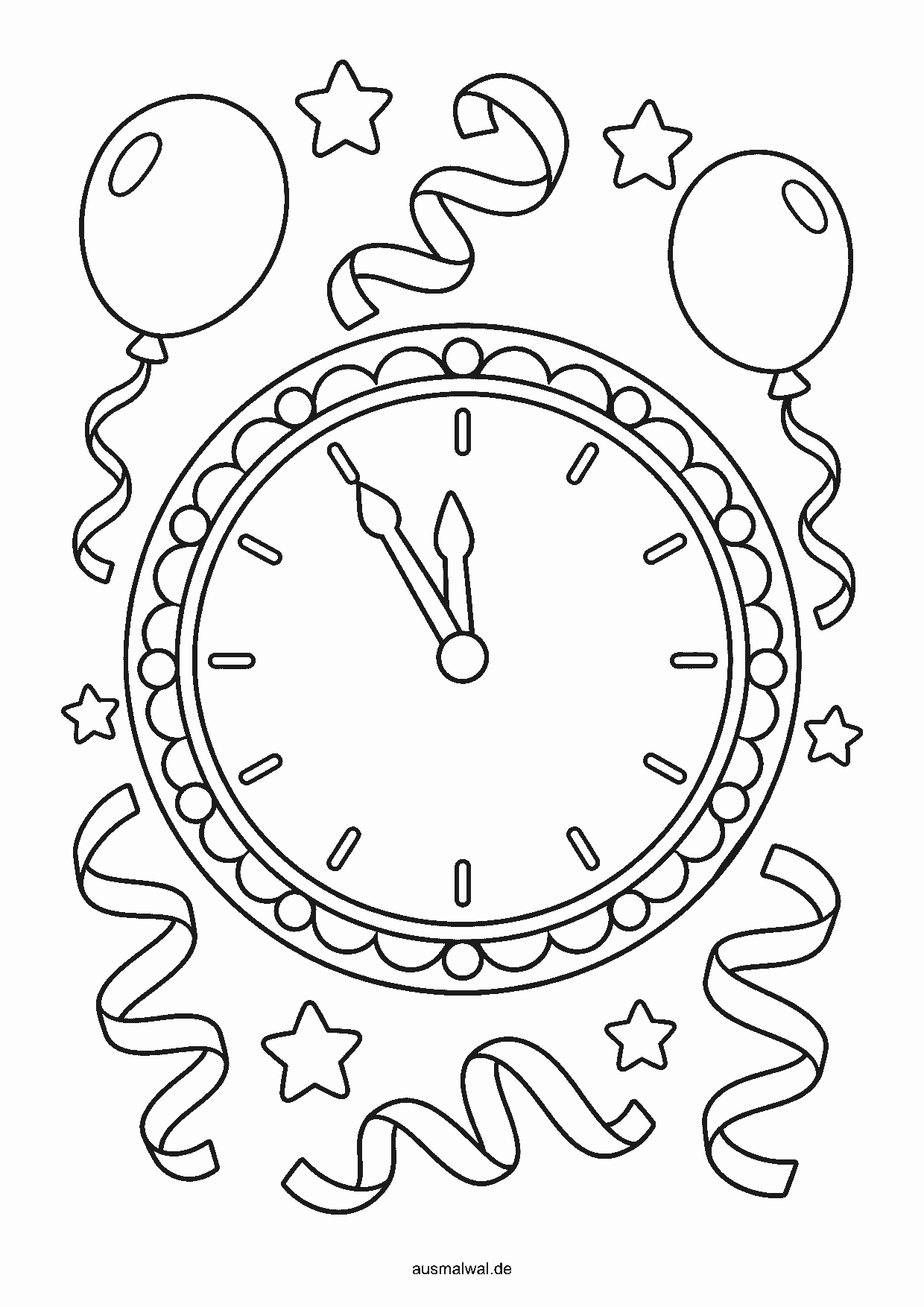 Ausmalbild: große runde Wanduhr kurz vor Mitternacht, beide Zeiger fast auf zwölf, ringsum Luftschlangen, Sterne und Ballons