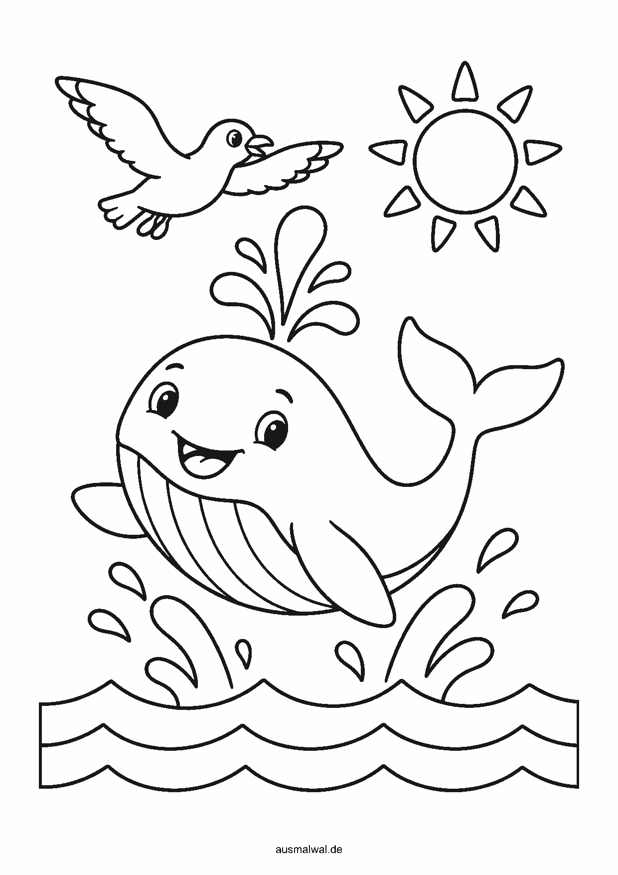 Ausmalbild: fröhlicher Wal springt aus den Wellen und spritzt eine Wasserfontäne, dazu Möwe und Sonne