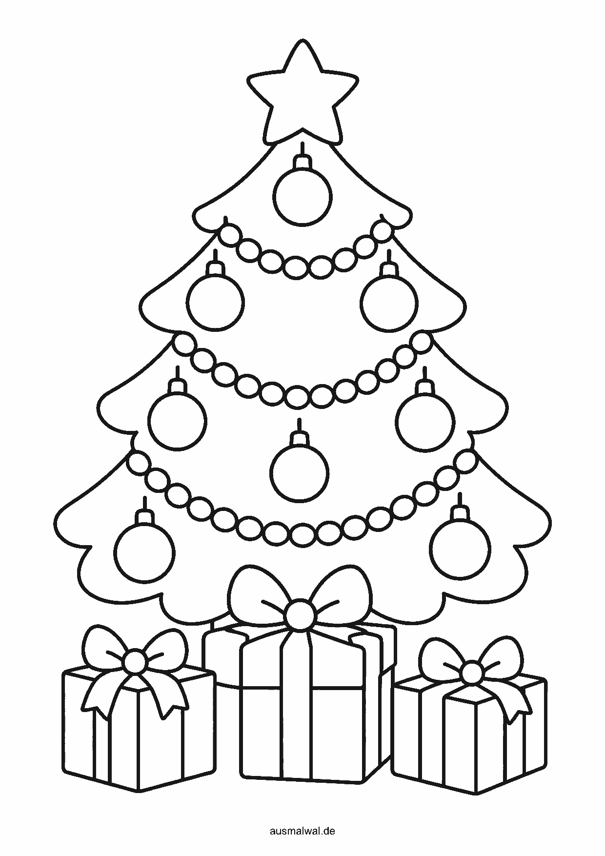 Ausmalbild: Weihnachtsbaum mit Kugeln, Girlande und Stern, darunter Geschenke