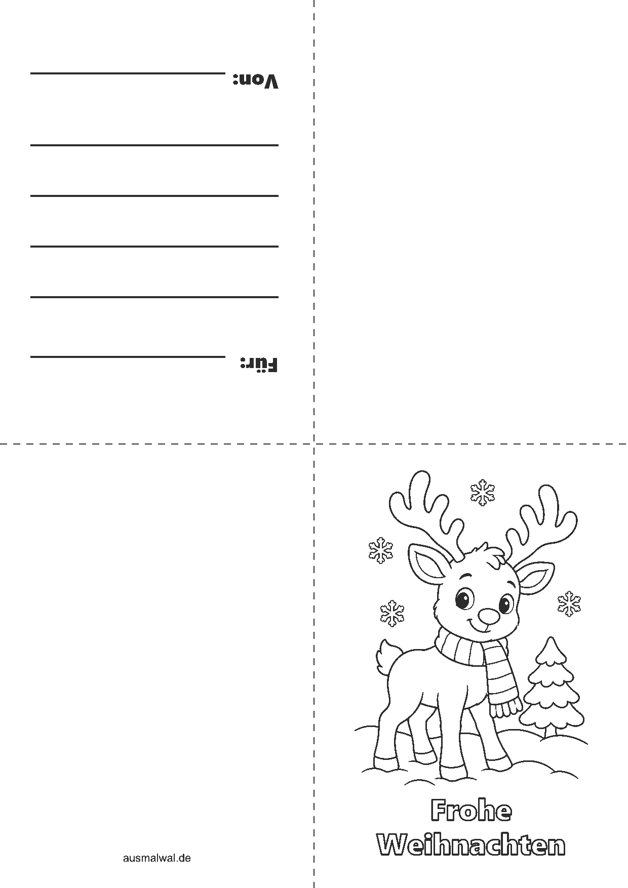 Ausmalbild: Weihnachtskarte zum Falten, vorne das Rentier mit Schal und „Frohe Weihnachten“, innen Zeilen für den Gruß