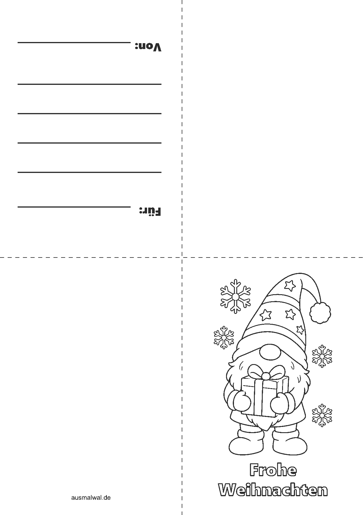 Ausmalbild: Weihnachtskarte zum Falten, vorne der Wichtel mit Geschenk und „Frohe Weihnachten“, innen Zeilen für den Gruß