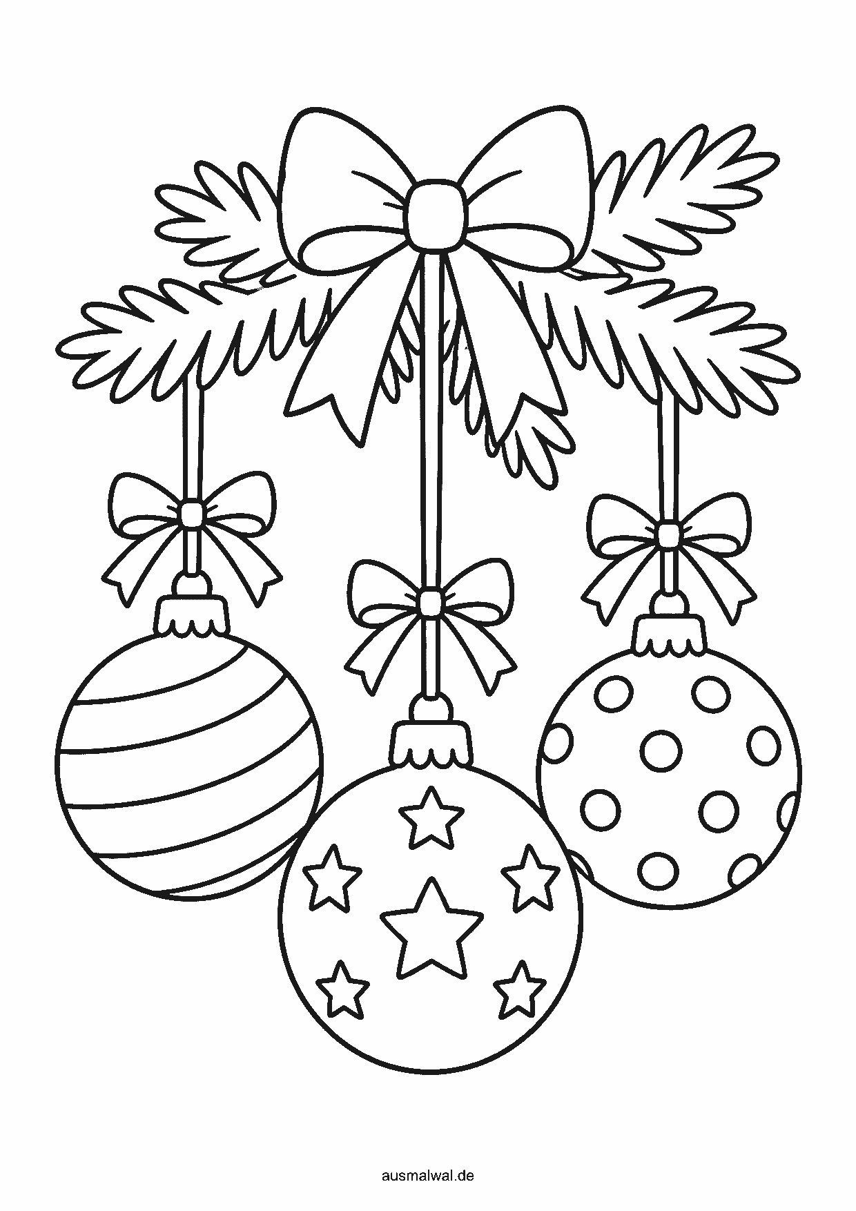 Ausmalbild: drei große Weihnachtskugeln mit Mustern hängen an einem Tannenzweig