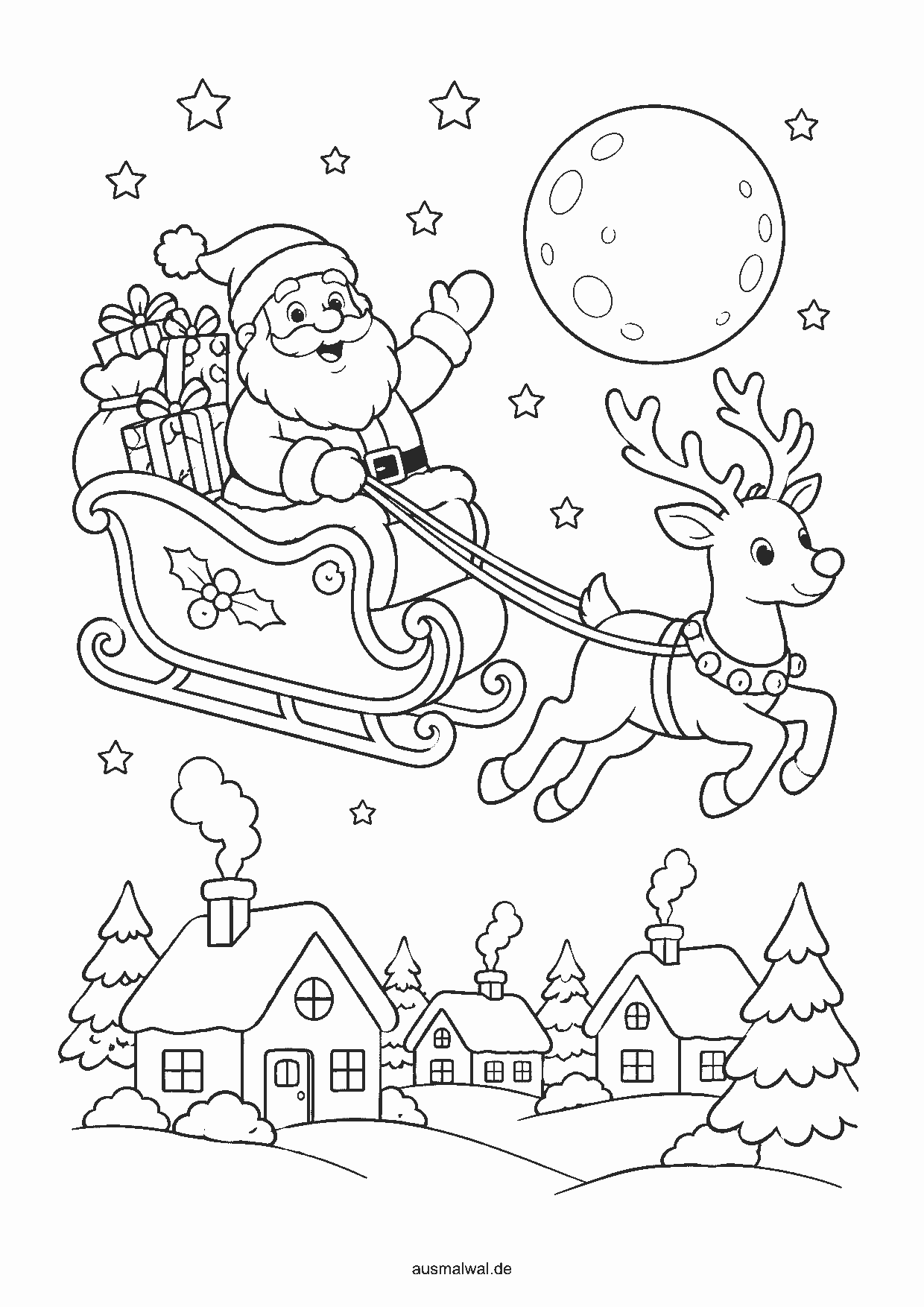 Ausmalbild: Weihnachtsmann im Schlitten mit Geschenken, gezogen von einem Rentier über verschneite Häuser