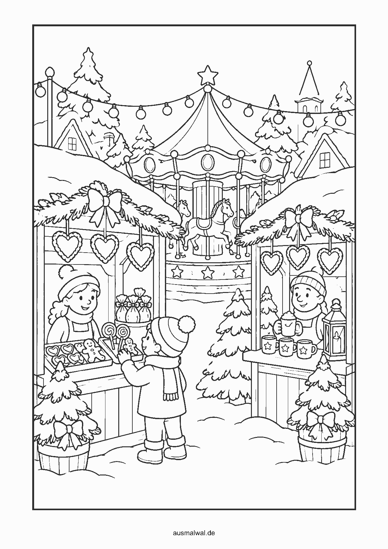 Ausmalbild: Weihnachtsmarkt mit Holzbuden, Lebkuchenherzen, Karussell und Lichterketten