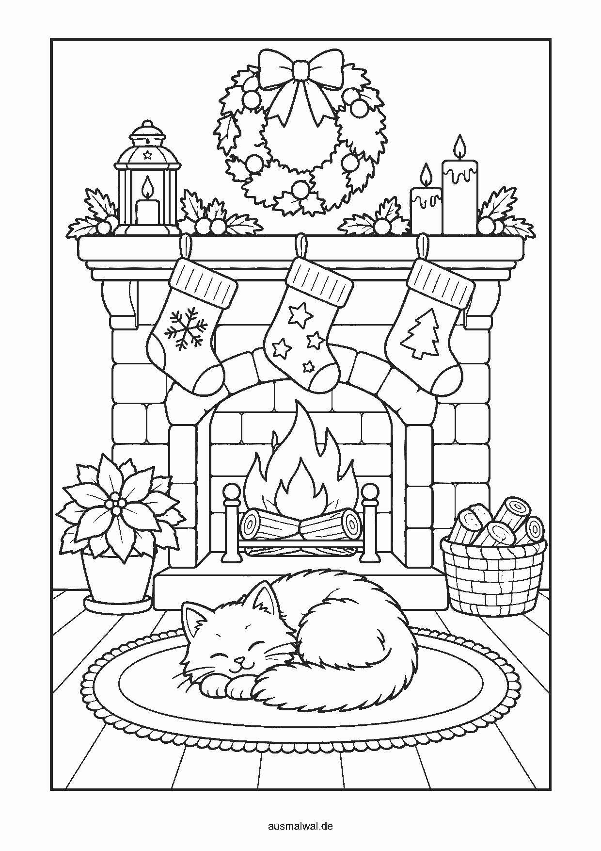 Ausmalbild: drei Weihnachtsstrümpfe am Kamin, davor schläft eine Katze