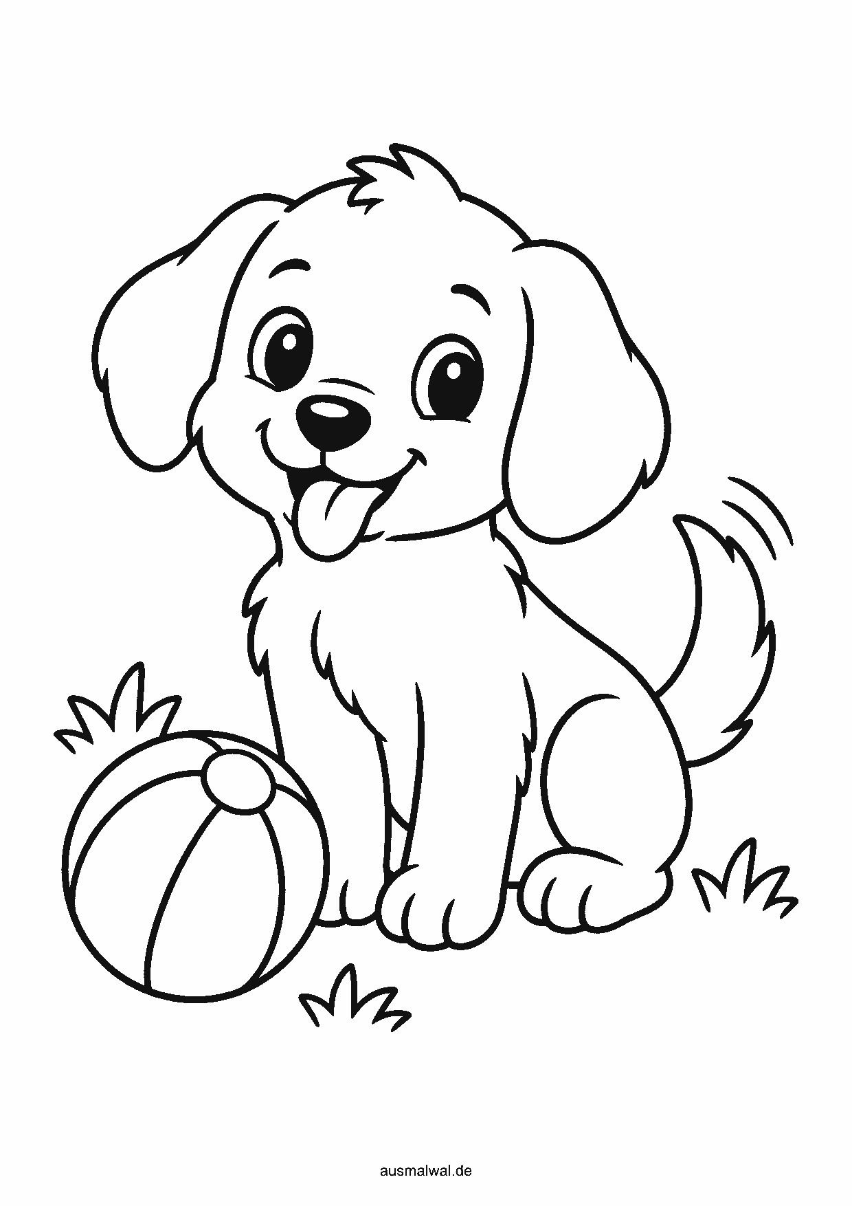 Ausmalbild: süßer Welpe sitzt mit einem Ball und wedelt mit dem Schwanz