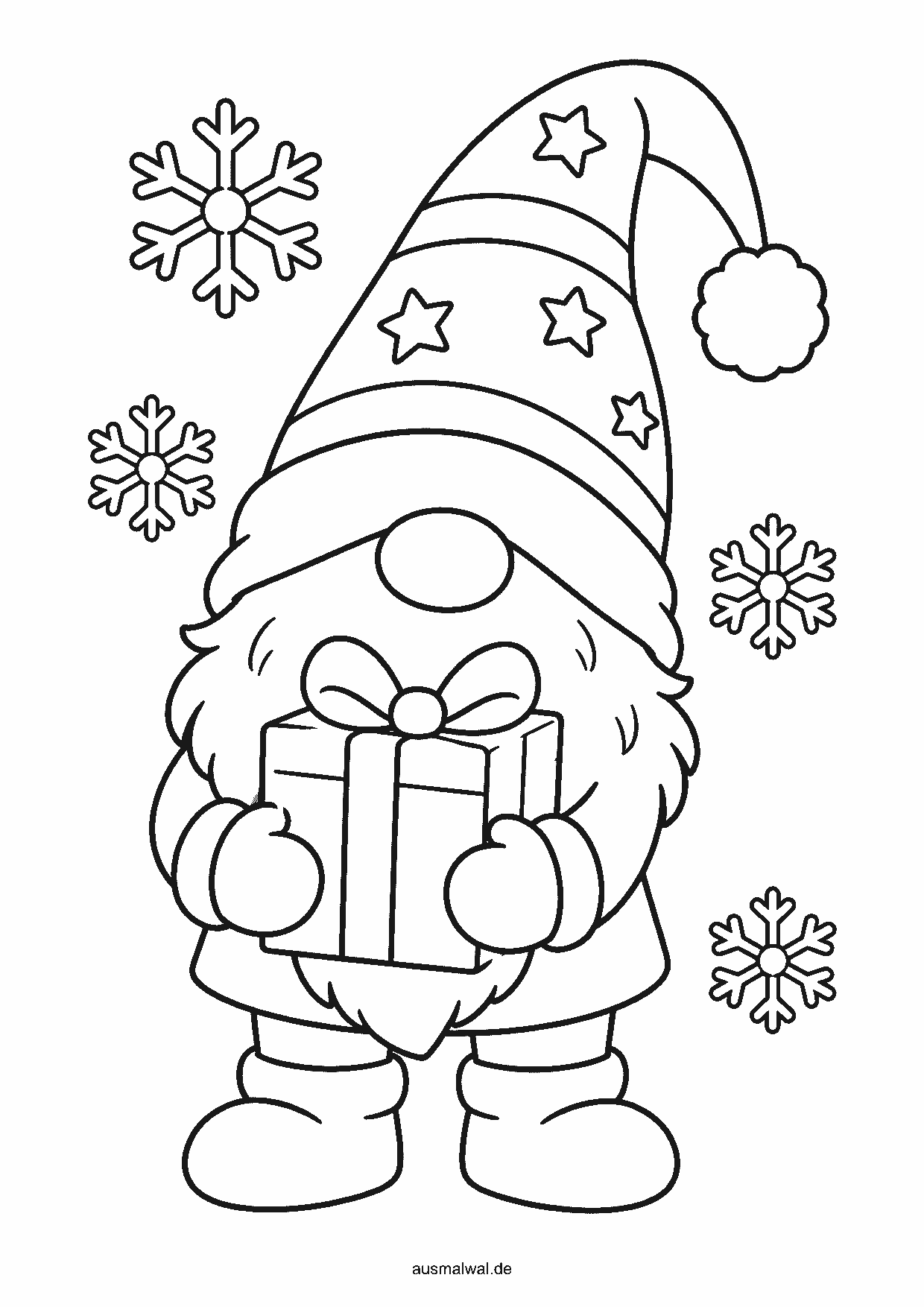 Ausmalbild: Weihnachtswichtel mit langer Zipfelmütze und Bart trägt ein Geschenk