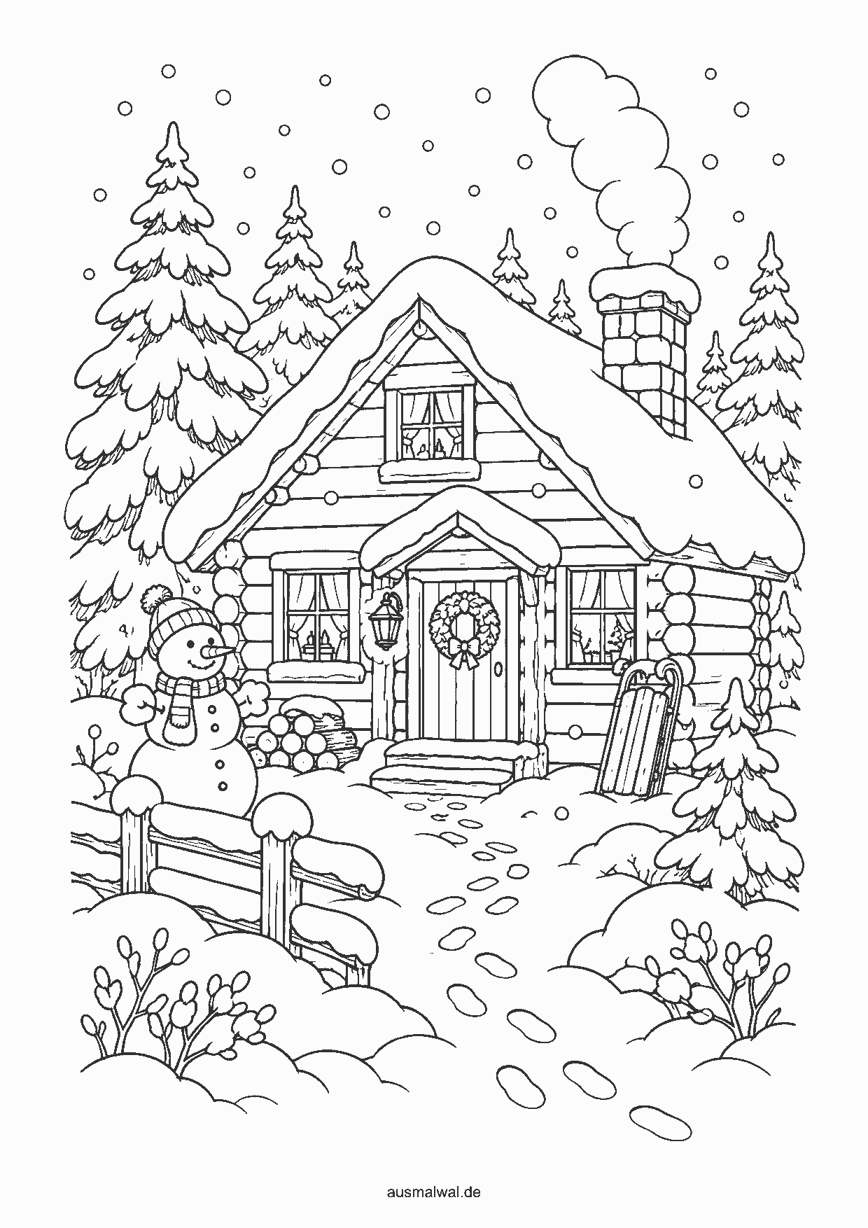Ausmalbild: Holzhütte mit dickem Schnee auf dem Dach, rauchender Schornstein, verschneite Tannen, Schneemann und Schlitten