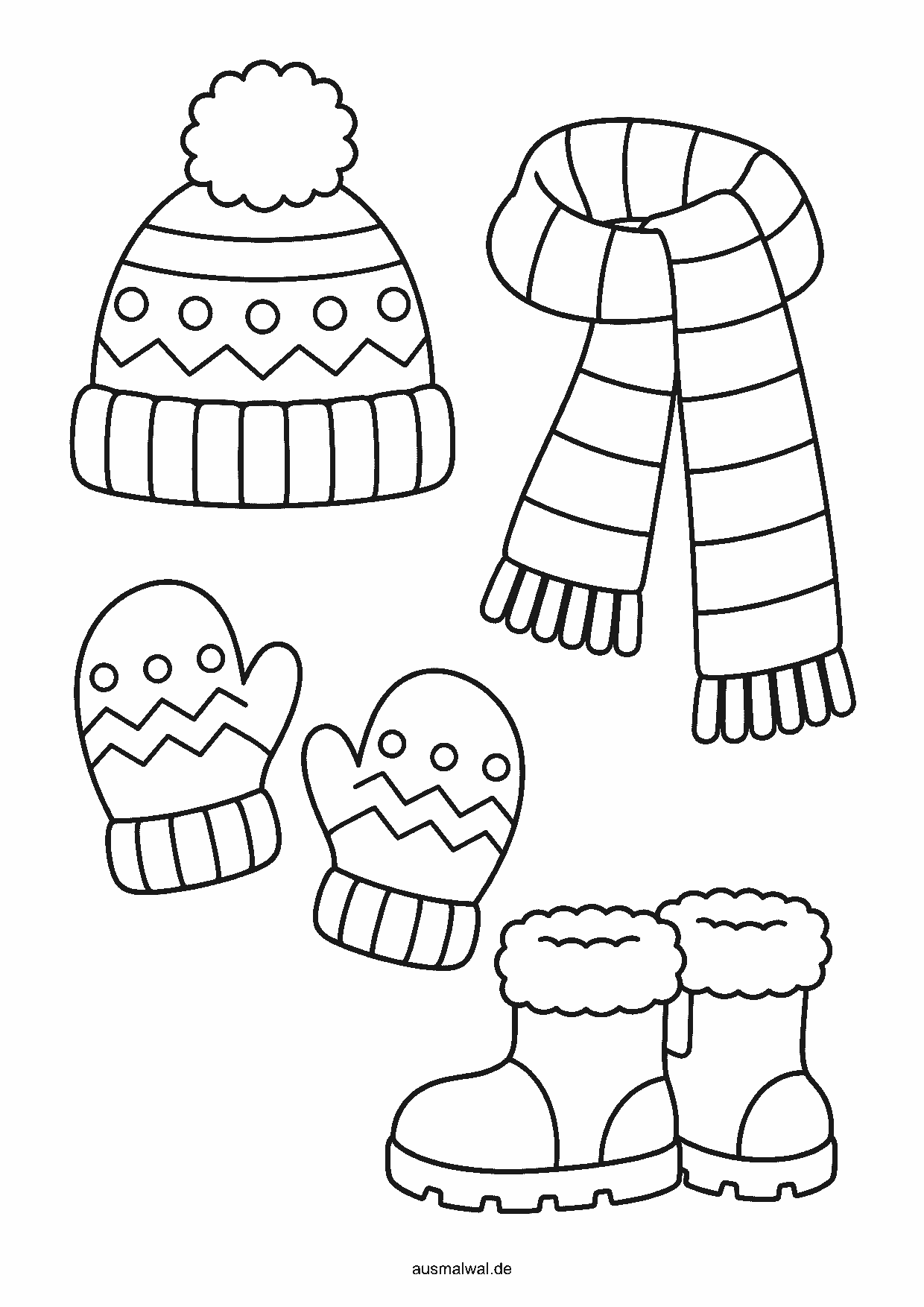 Ausmalbild: Winterkleidung mit Bommelmütze, gestreiftem Schal, Fäustlingen und Winterstiefeln nebeneinander