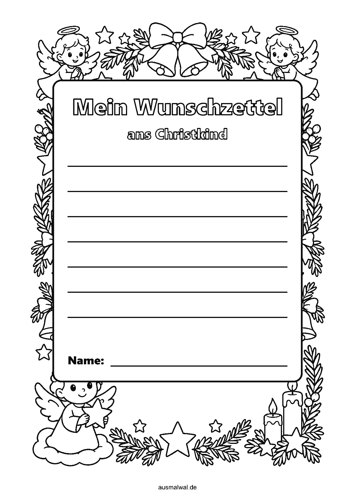 Ausmalbild: Wunschzettel, Rahmen mit Christkind, Engeln, Sternen und Kerzen, in der Mitte Linien für die Wünsche