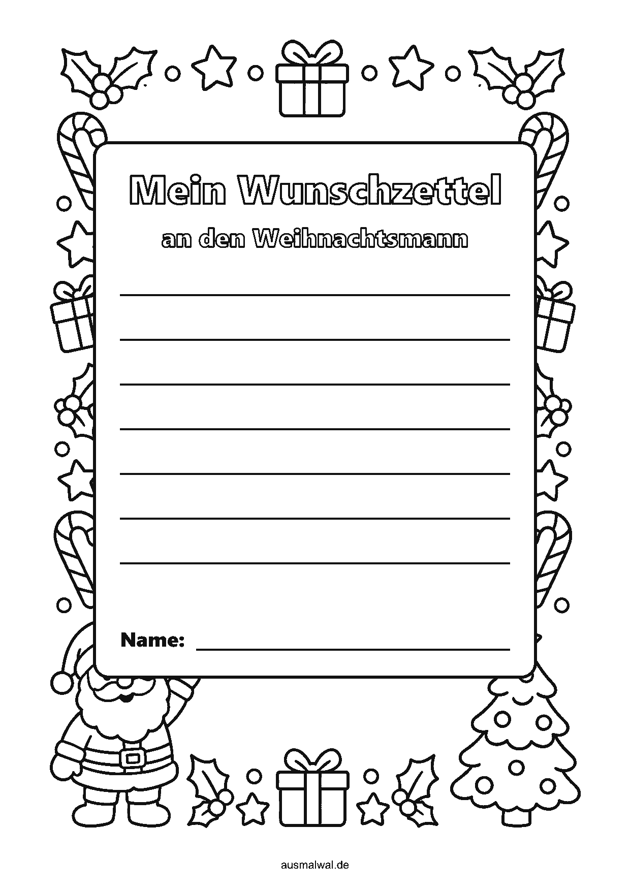 Ausmalbild: Wunschzettel, Rahmen mit Weihnachtsmann, Geschenken und Sternen, in der Mitte Linien für die Wünsche